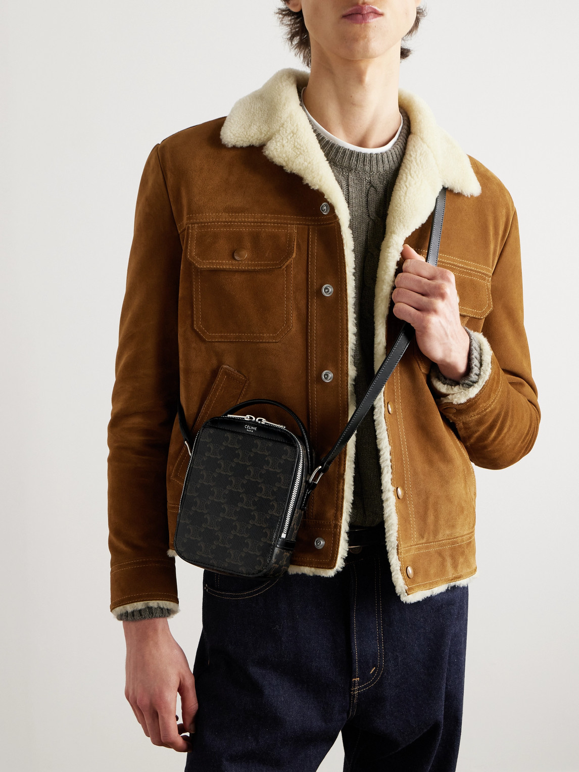 Celine Camera Triomphe Leather-trimmed Printed Coated-canvas Messenger Bag In Black