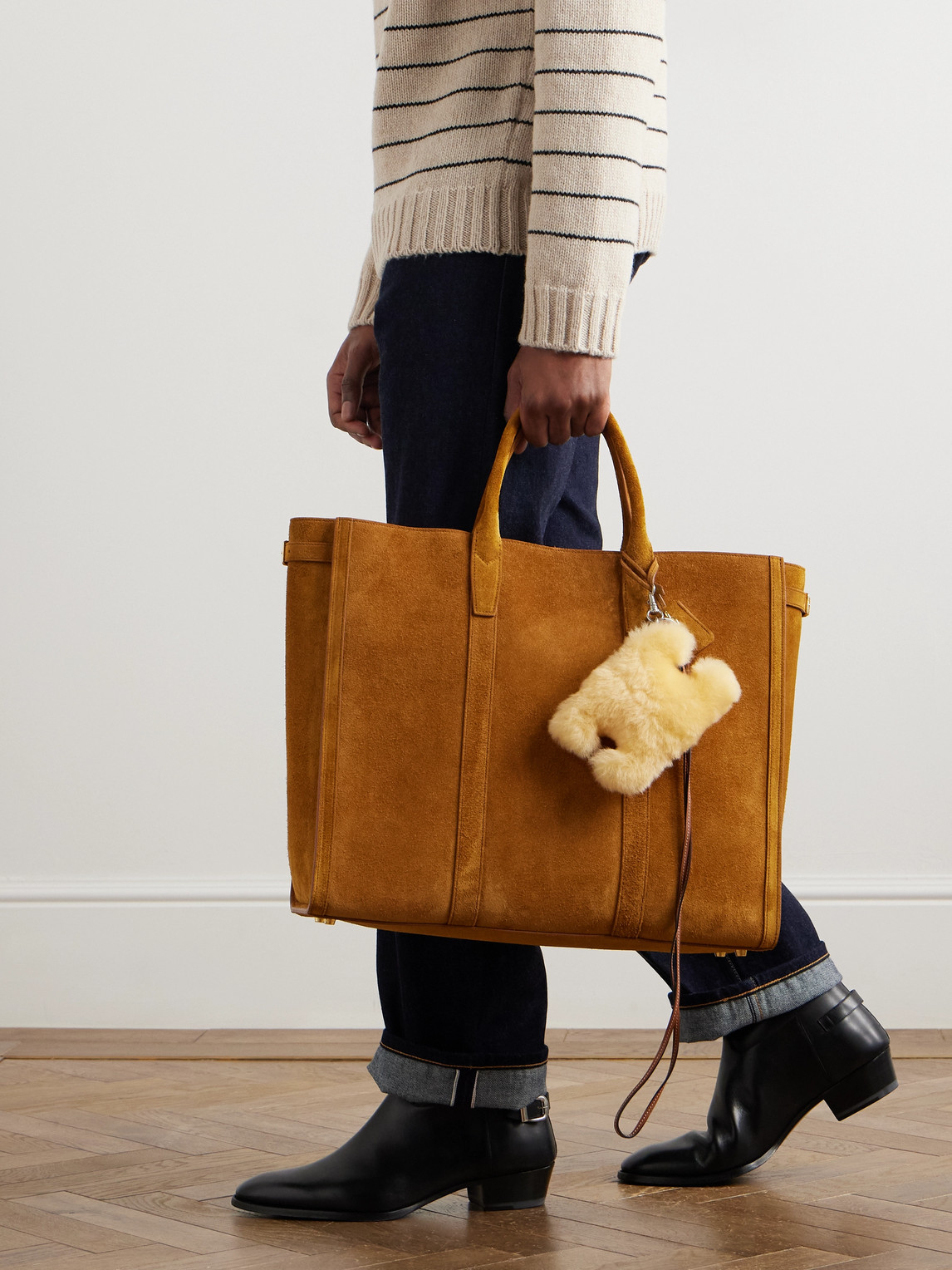 Celine Triomphe Shearling And Leather Keyring In Yellow