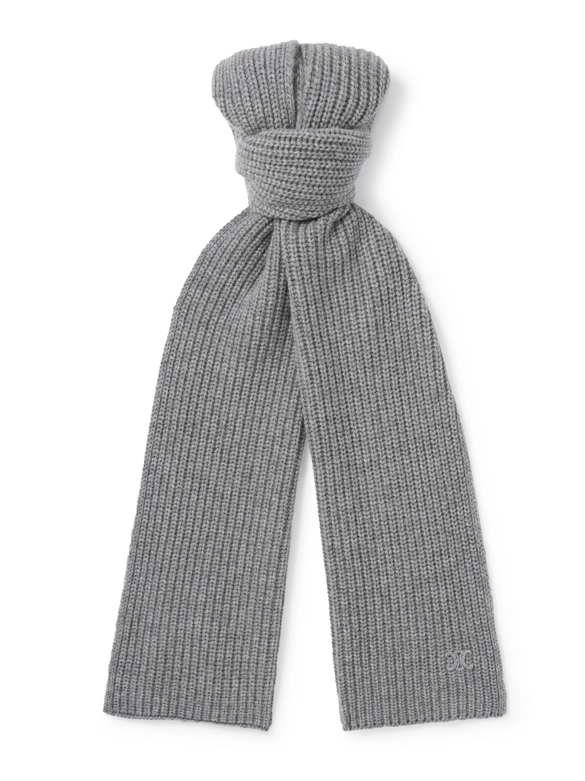 Celine Logo-embroidered Ribbed Cashmere Scarf In Gray