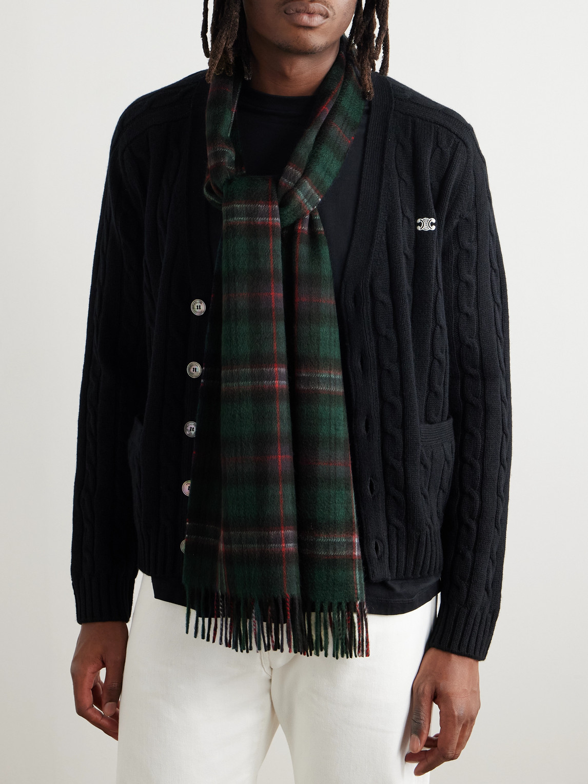 Celine Fringed Checked Cashmere Scarf In Green