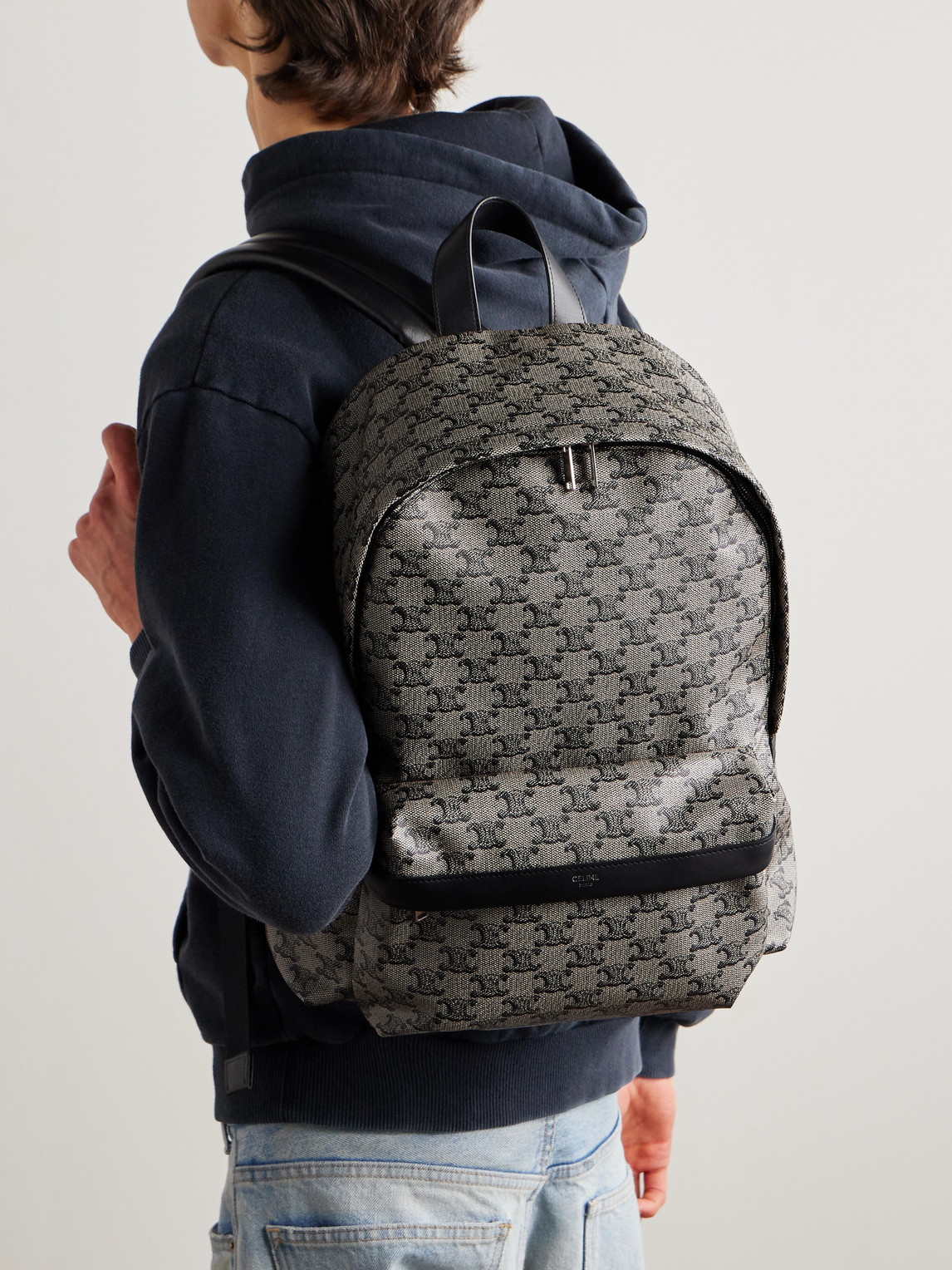 Celine Leather-trimmed Printed Coated-canvas Backpack In Gray