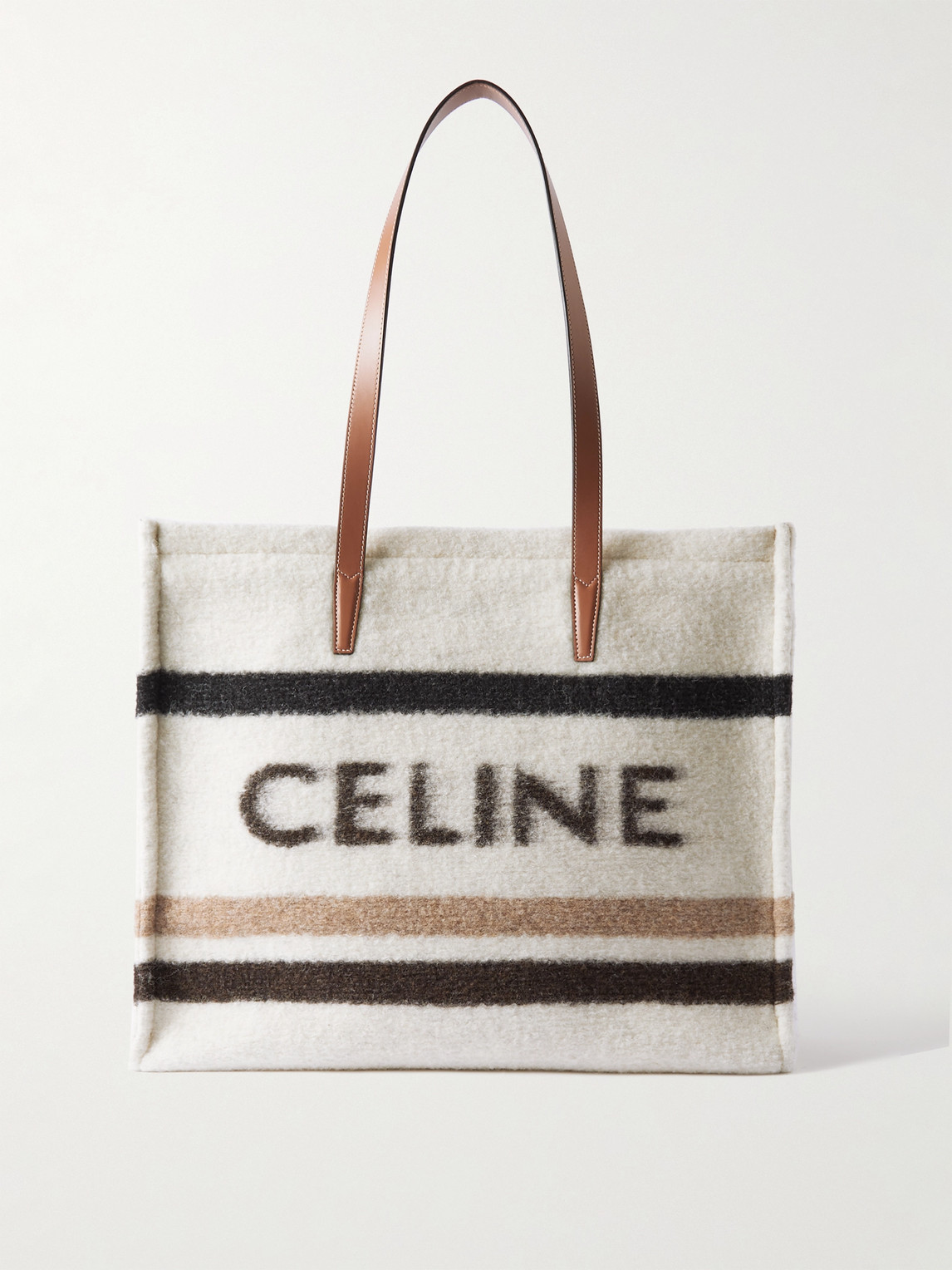 Cabas Large Leather-Trimmed Striped Logo-Print Brushed-Knit Tote Bag
