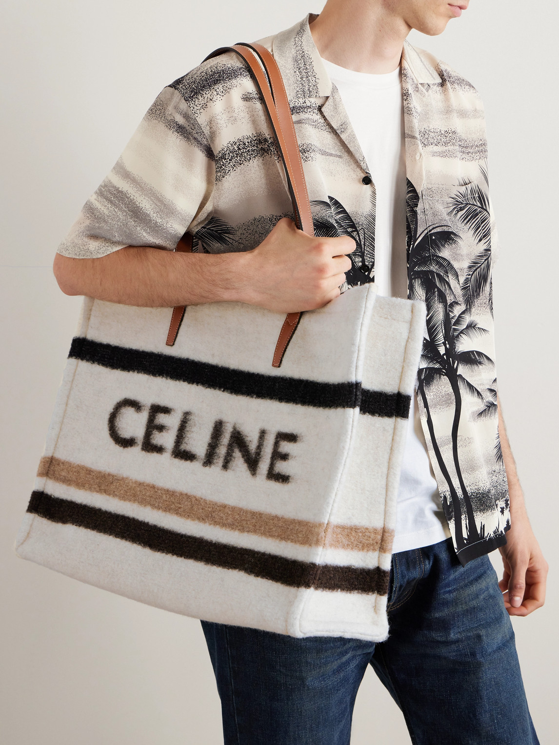Cabas Large Leather-Trimmed Striped Logo-Print Brushed-Knit Tote Bag — 2