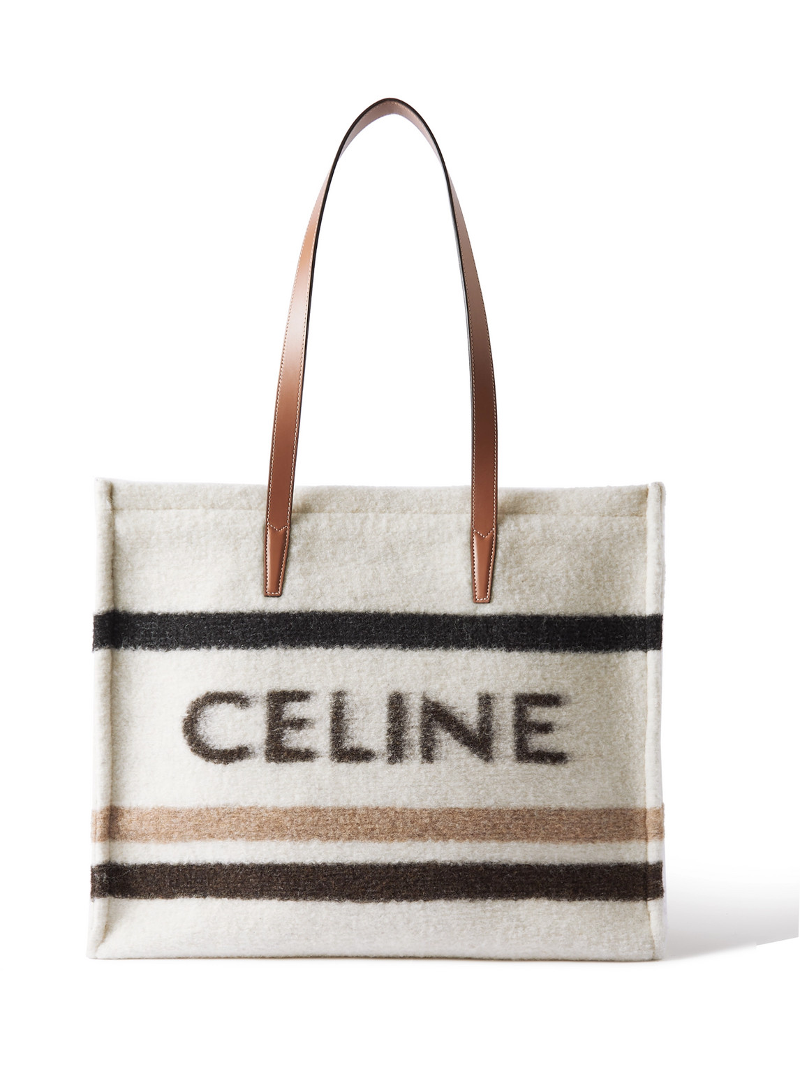 Celine Cabas Large Leather-trimmed Striped Logo-print Brushed-knit Tote Bag In Neutral