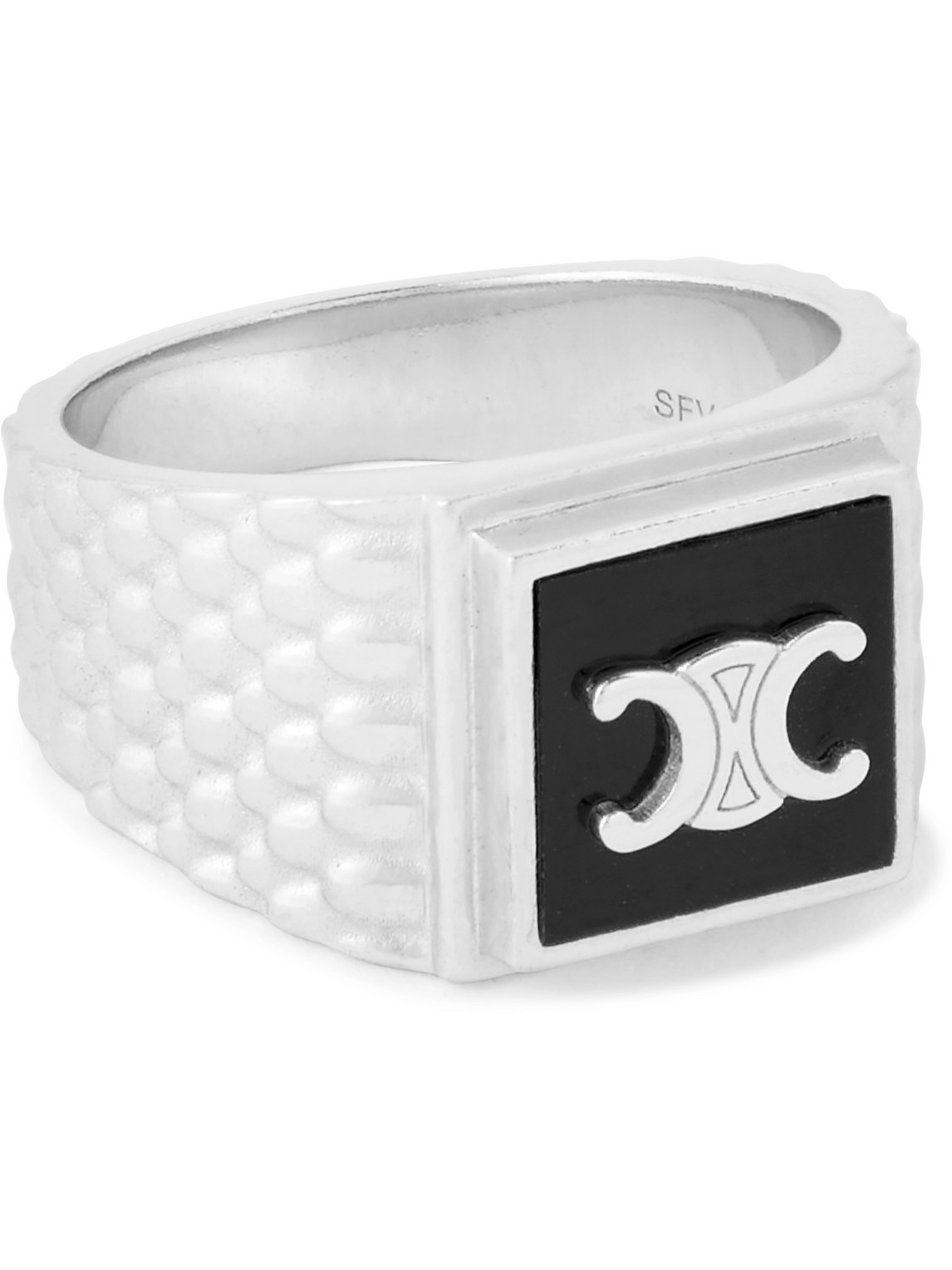 Celine Silver Onyx Signet Ring In Metallic