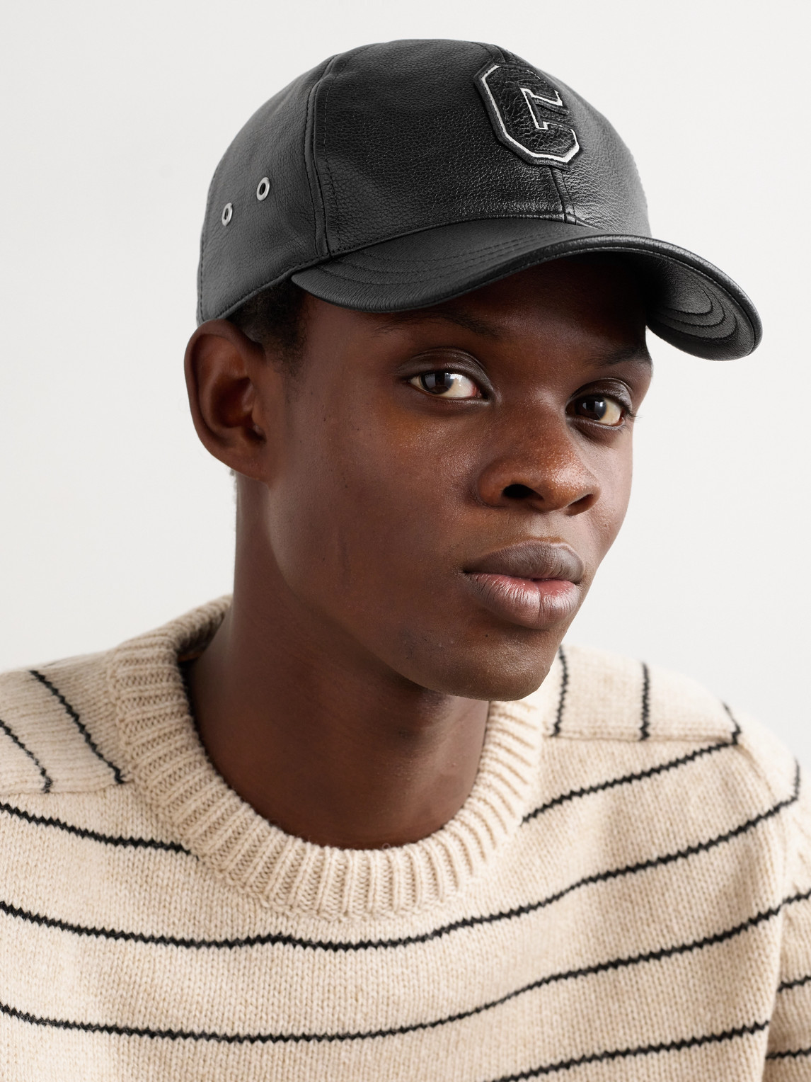 Celine Logo-appliquéd Embroidered Full-grain Leather Baseball Cap In Black