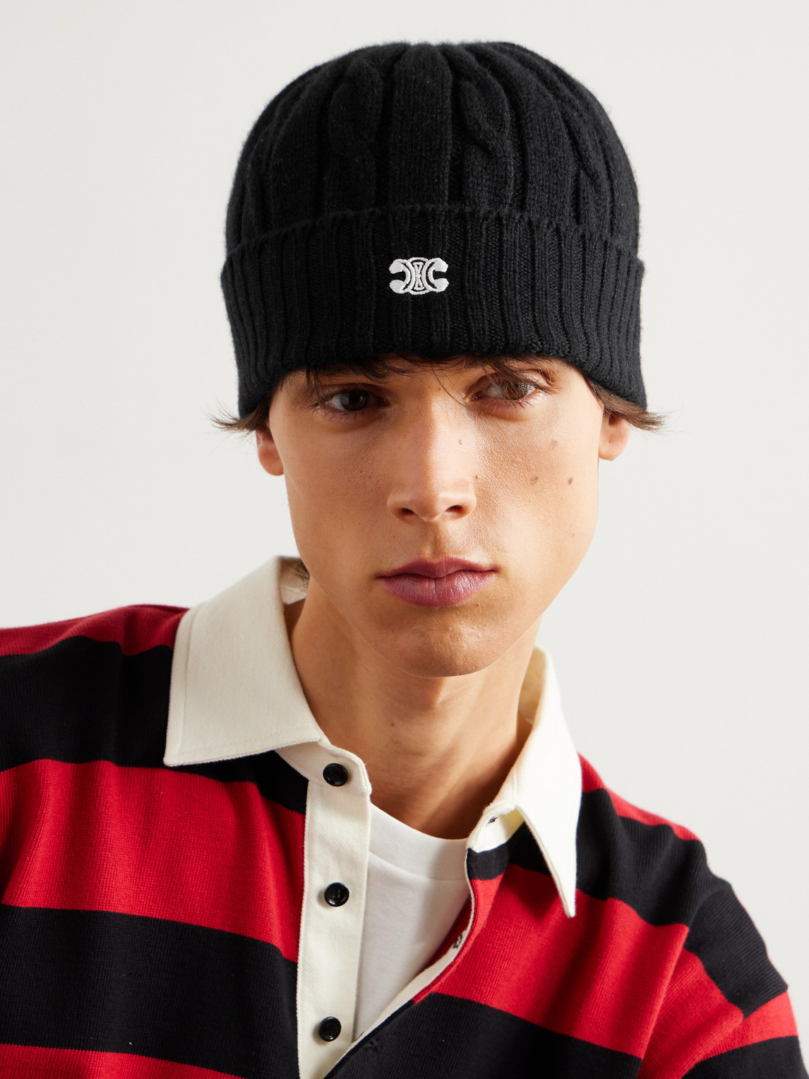 Celine Logo-embroidered Cable-knit Cashmere Beanie In Black