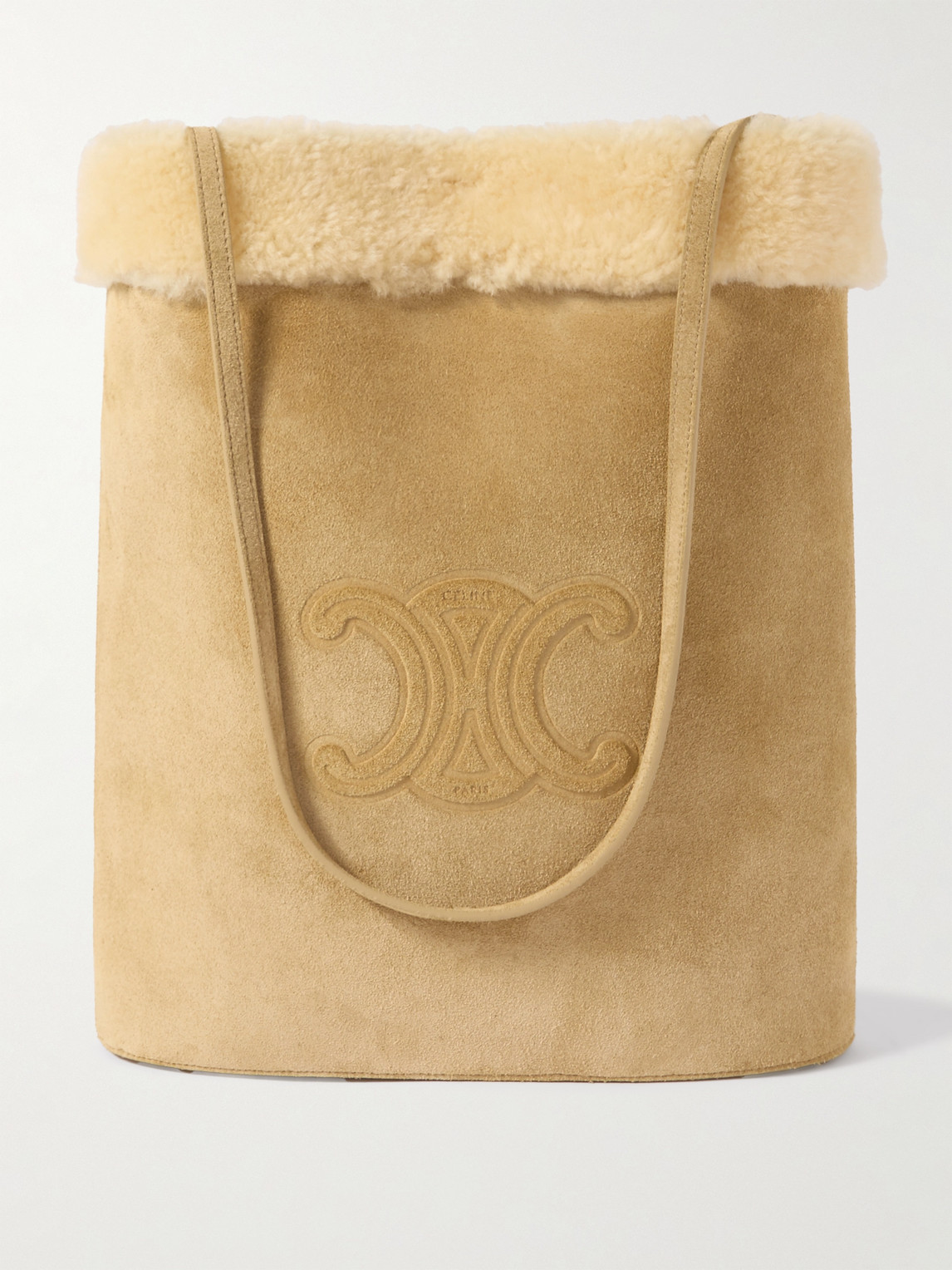 Triomphe Logo-Embossed Shearling Bucket Bag