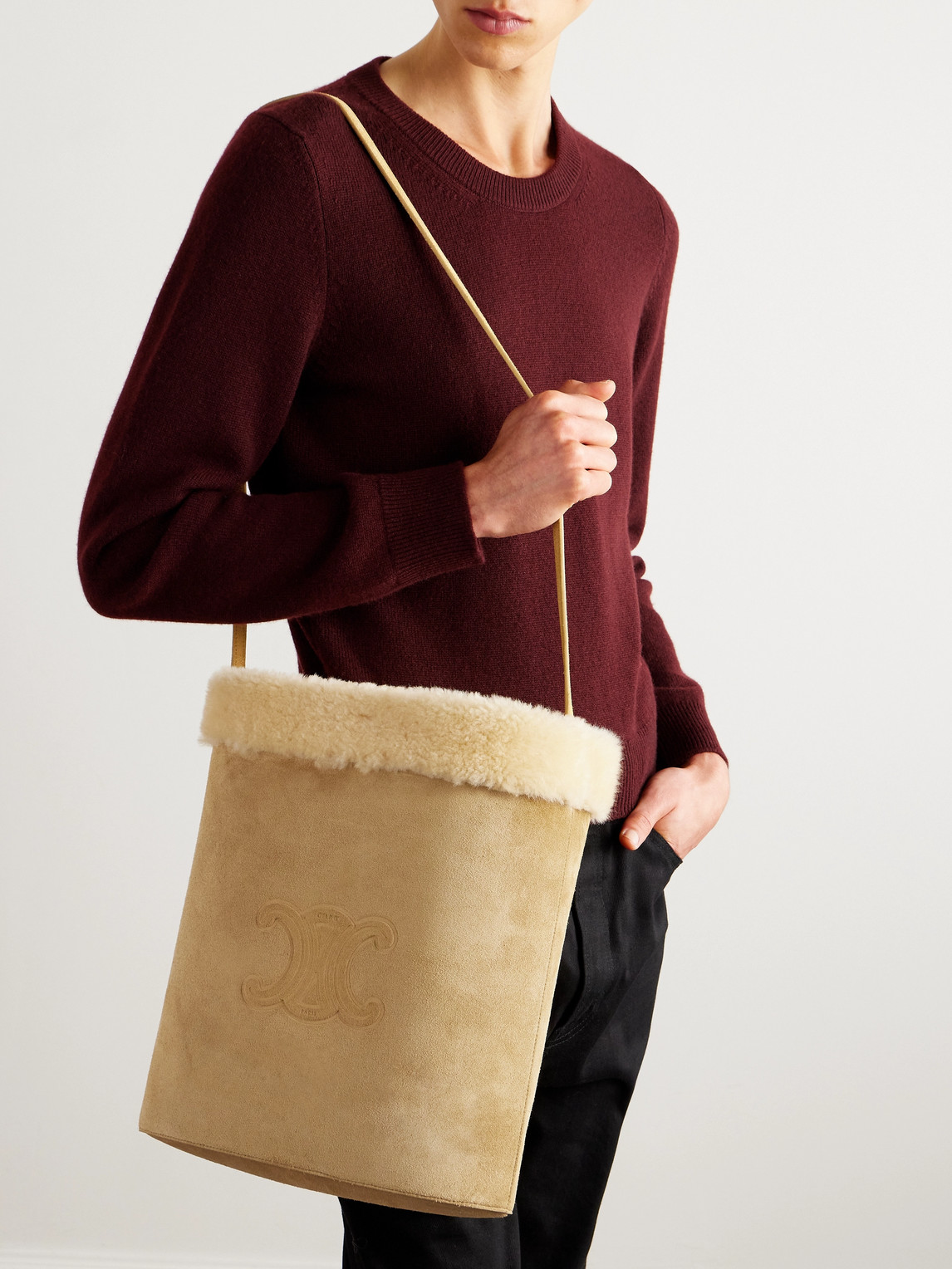 Celine Triomphe Logo-embossed Shearling Bucket Bag In Neutral