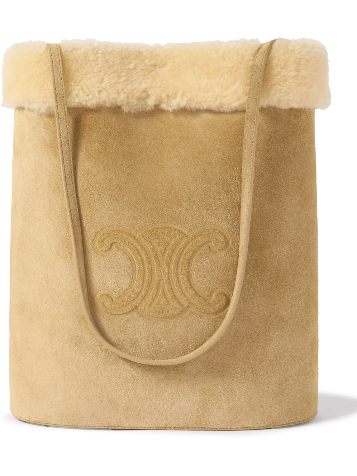 Celine Triomphe Logo-embossed Shearling Bucket Bag In Neutral