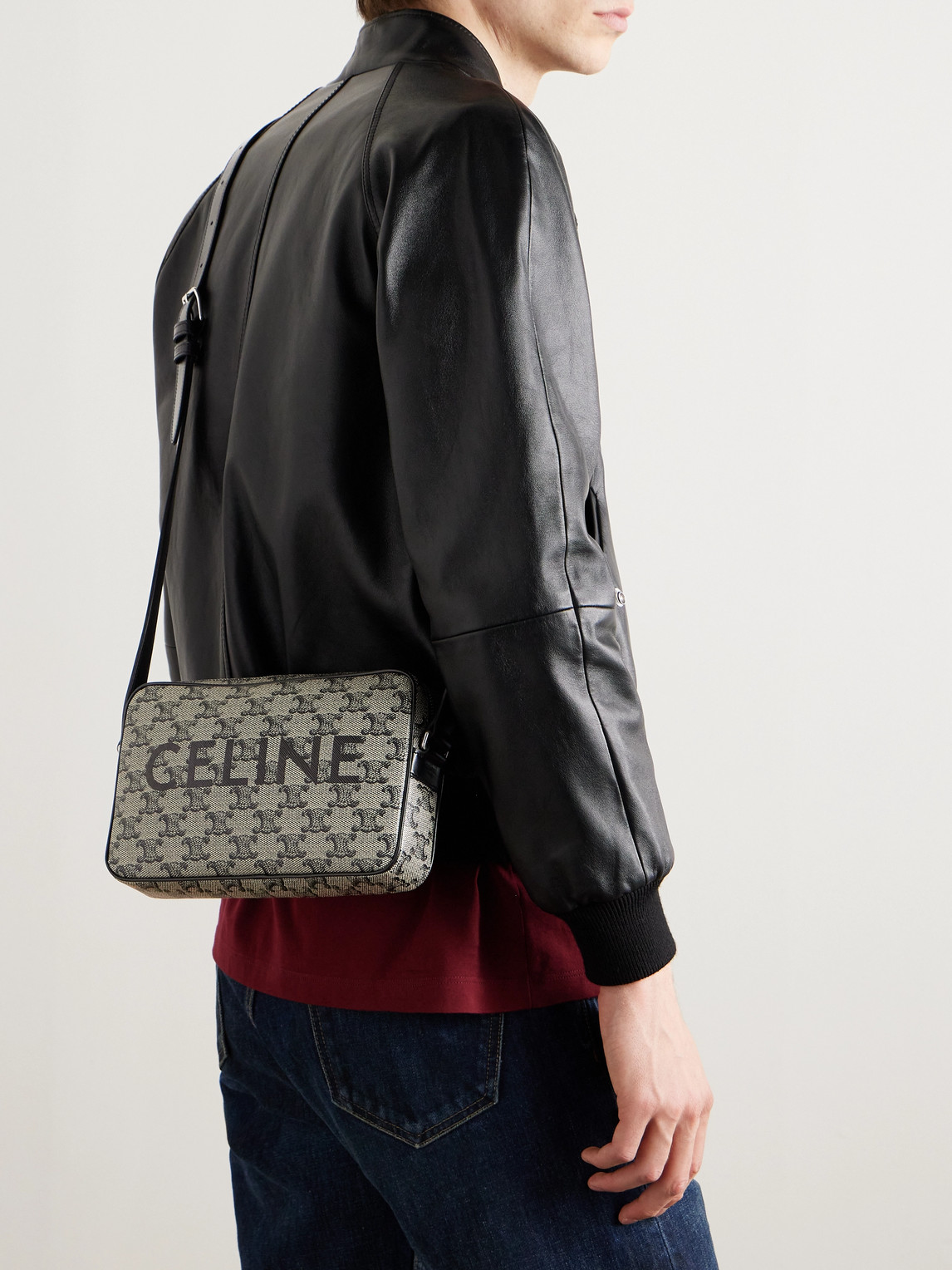 Celine Triomphe Leather-trimmed Logo-print Coated-canvas Messenger Bag In Gray