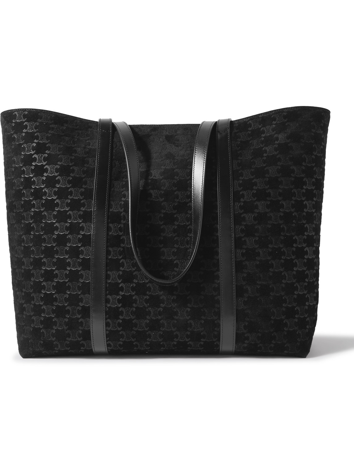 Celine Horizontal Museum Triomphe Logo-embossed Leather-trimmed Suede Tote Bag In Black