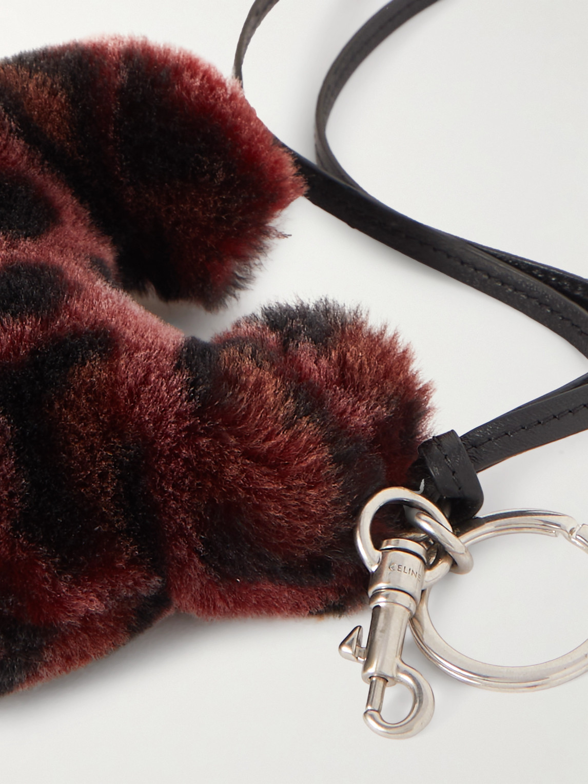 Celine Triomphe Leopard-print Shearling And Leather Keyring In Burgundy
