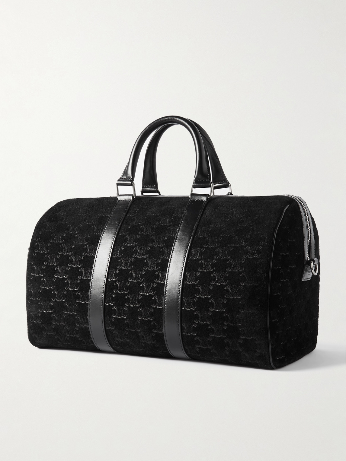 Celine Boston Triomphe Leather-trimmed Logo-jacquard Suede Tote In Black