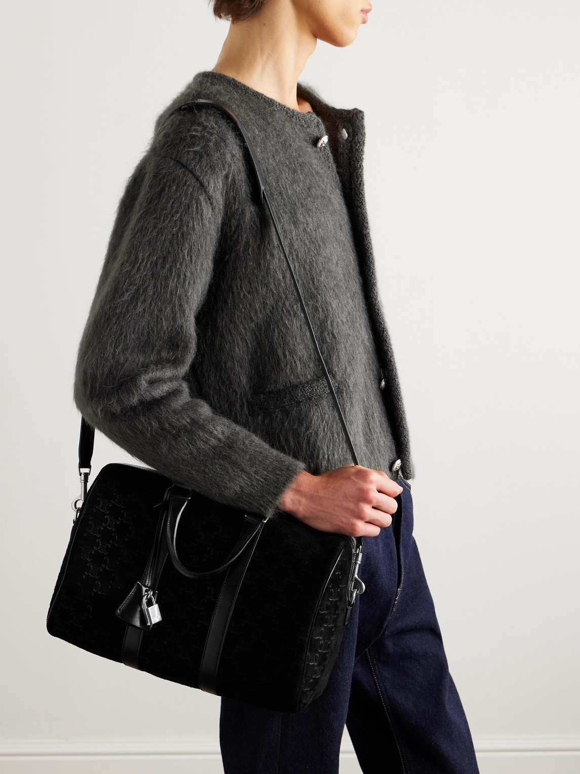 Celine Boston Triomphe Leather-trimmed Logo-jacquard Suede Tote In Black