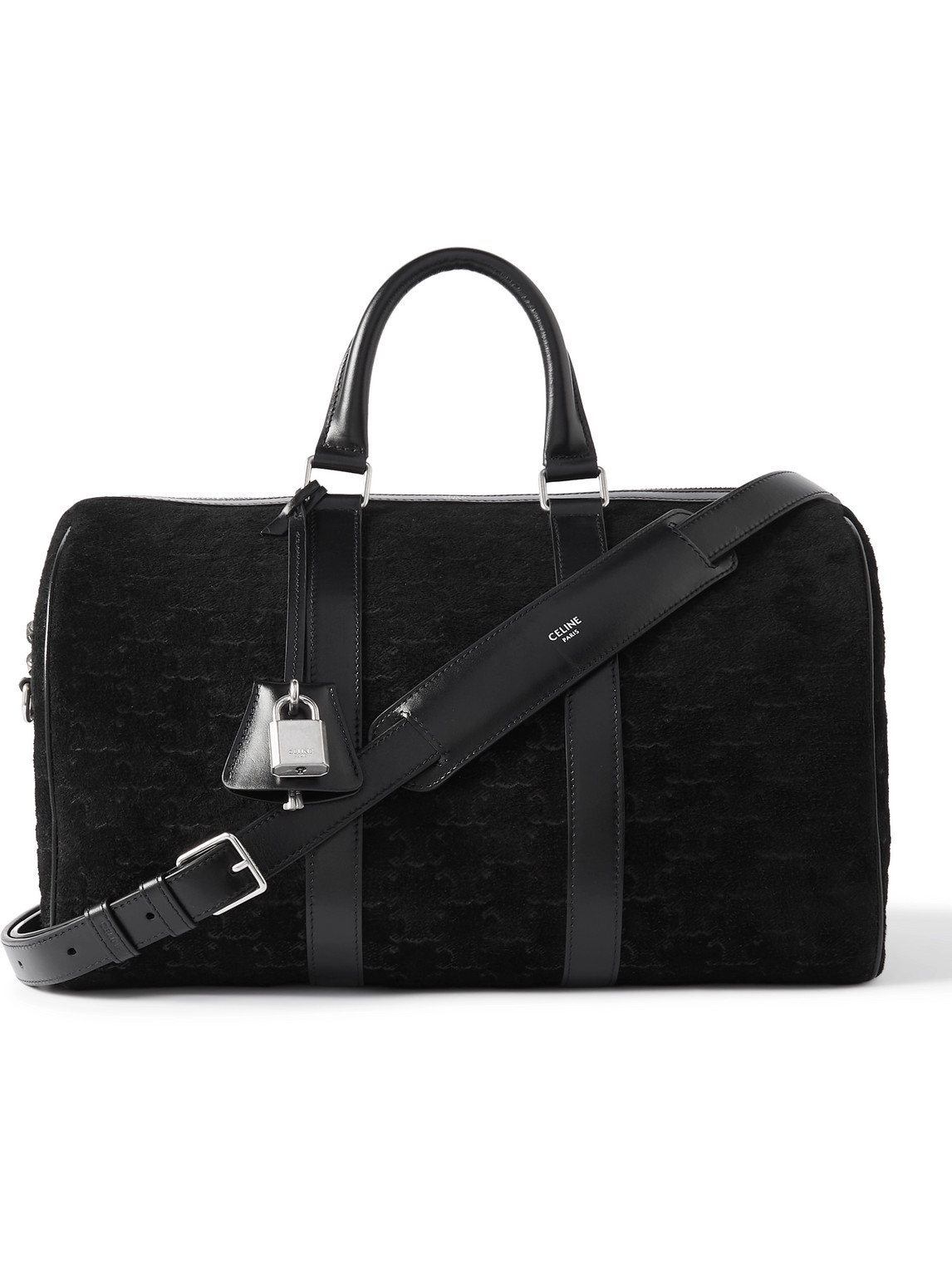 Celine Boston Triomphe Leather-trimmed Logo-jacquard Suede Tote In Black