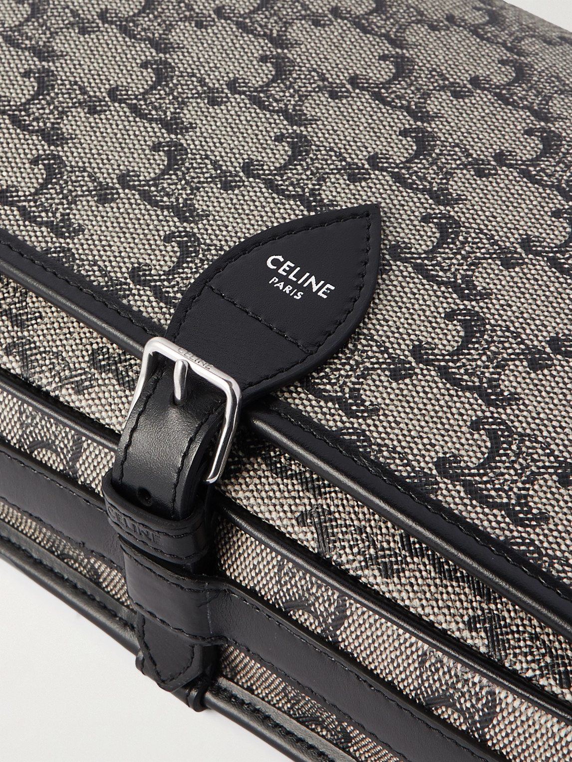 Celine Folco Triomphe Small Leather-trimmed Logo-print Coated-canvas Messenger Bag In Gray