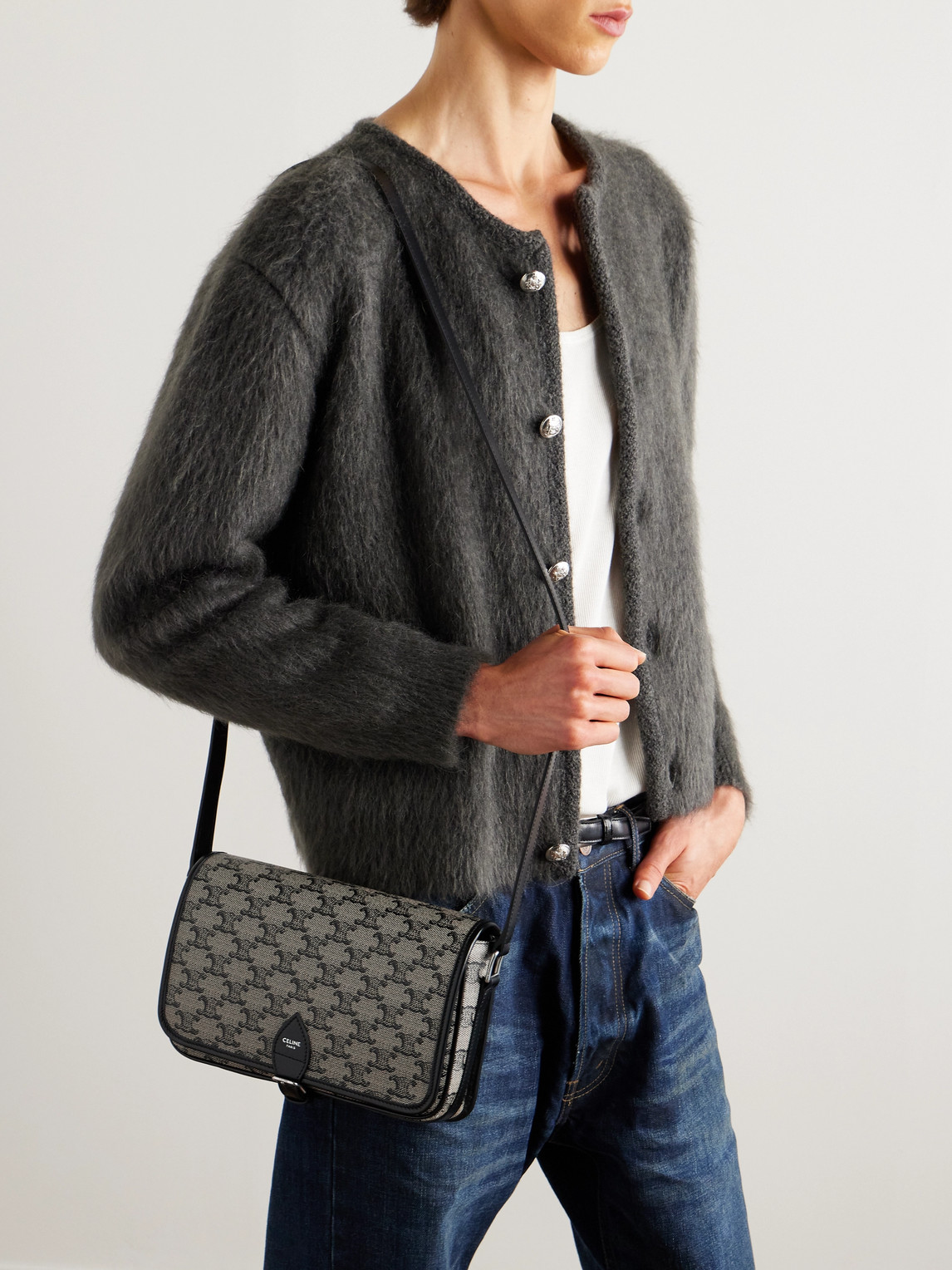 Celine Folco Triomphe Small Leather-trimmed Logo-print Coated-canvas Messenger Bag In Gray