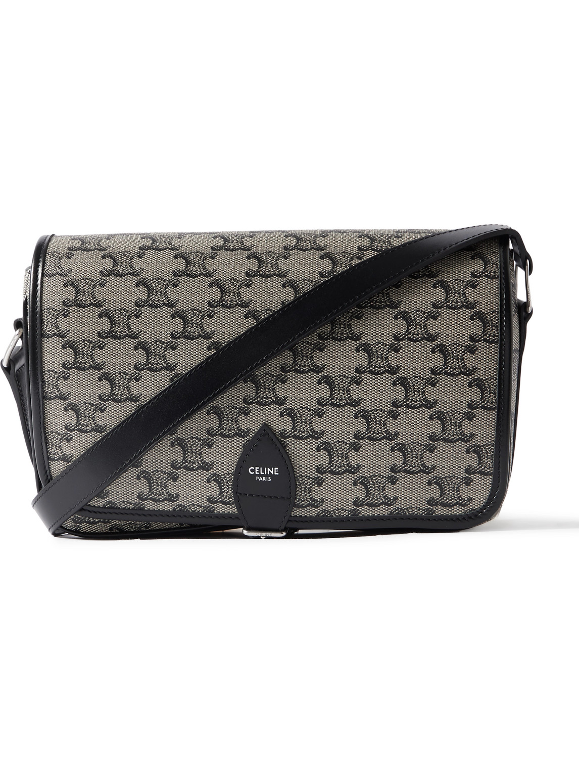 Celine Folco Triomphe Small Leather-trimmed Logo-print Coated-canvas Messenger Bag In Gray