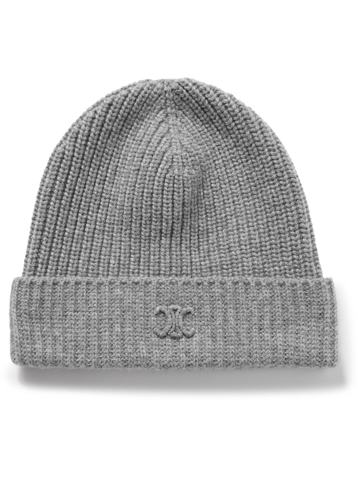 Celine Logo-embroidered Ribbed Cashmere Beanie In Gray