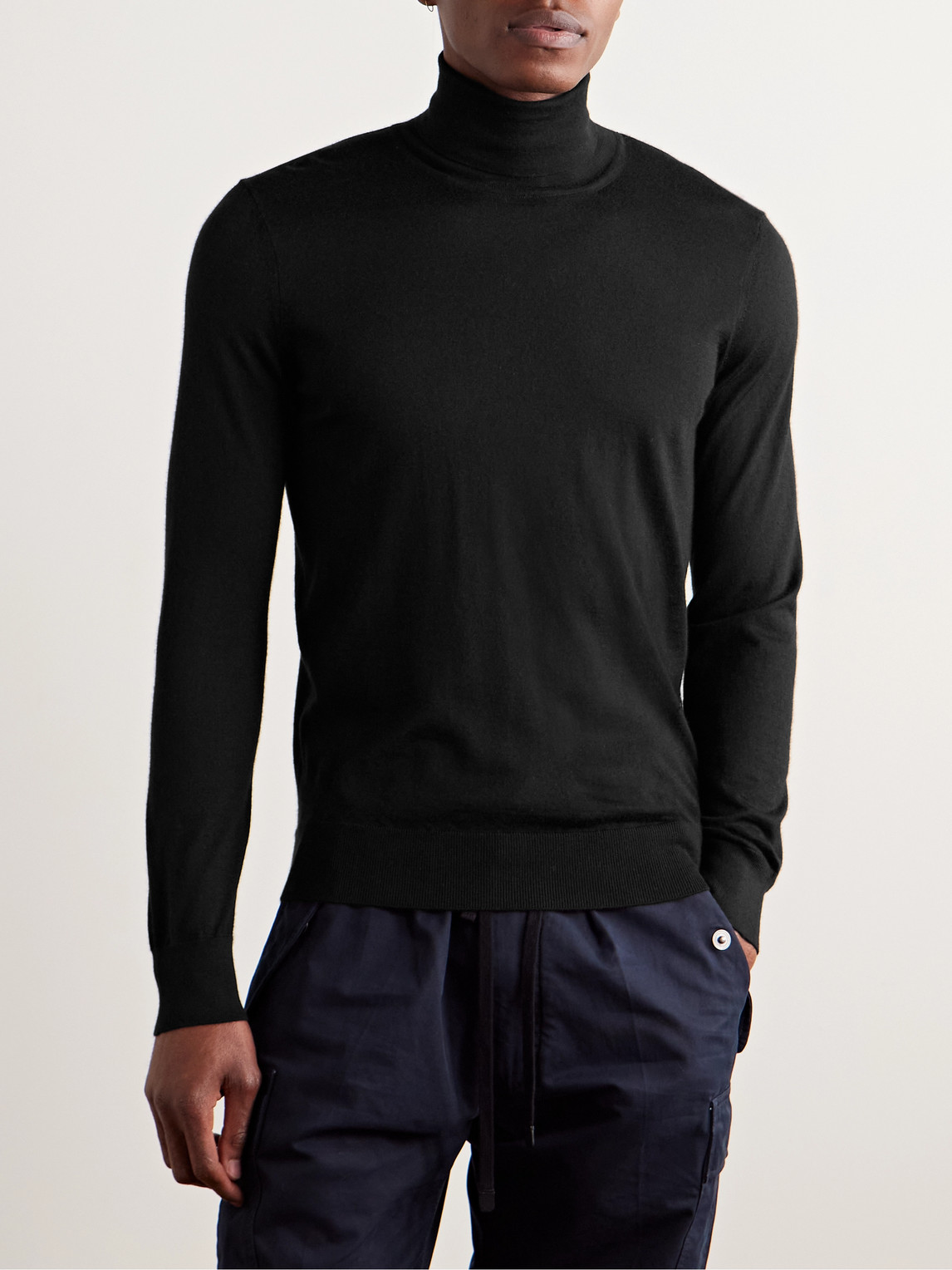 Zegna Cable Stitch Split Turtleneck Cashmere Sweater In Black