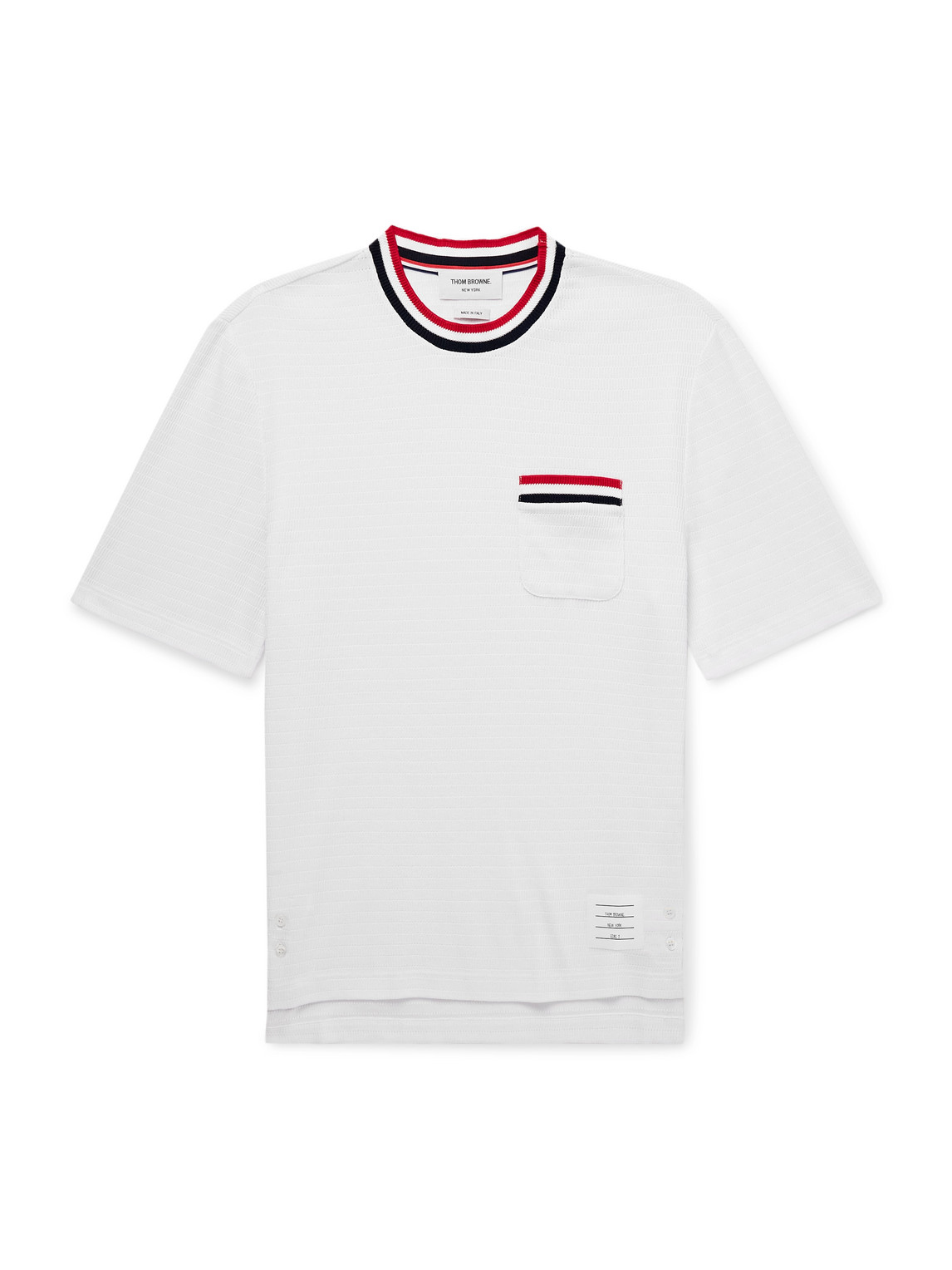 Shop Thom Browne Logo-appliquéd Striped Pointelle-knit Cotton T-shirt In White