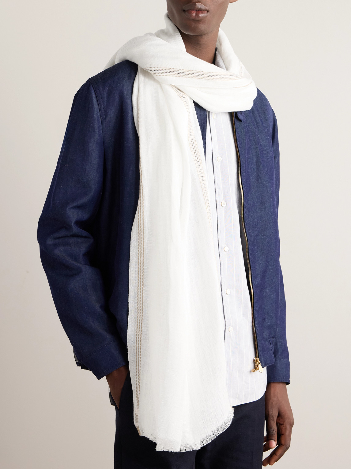 Loro Piana Zamami Embroidered Herringbone Linen Scarf In White
