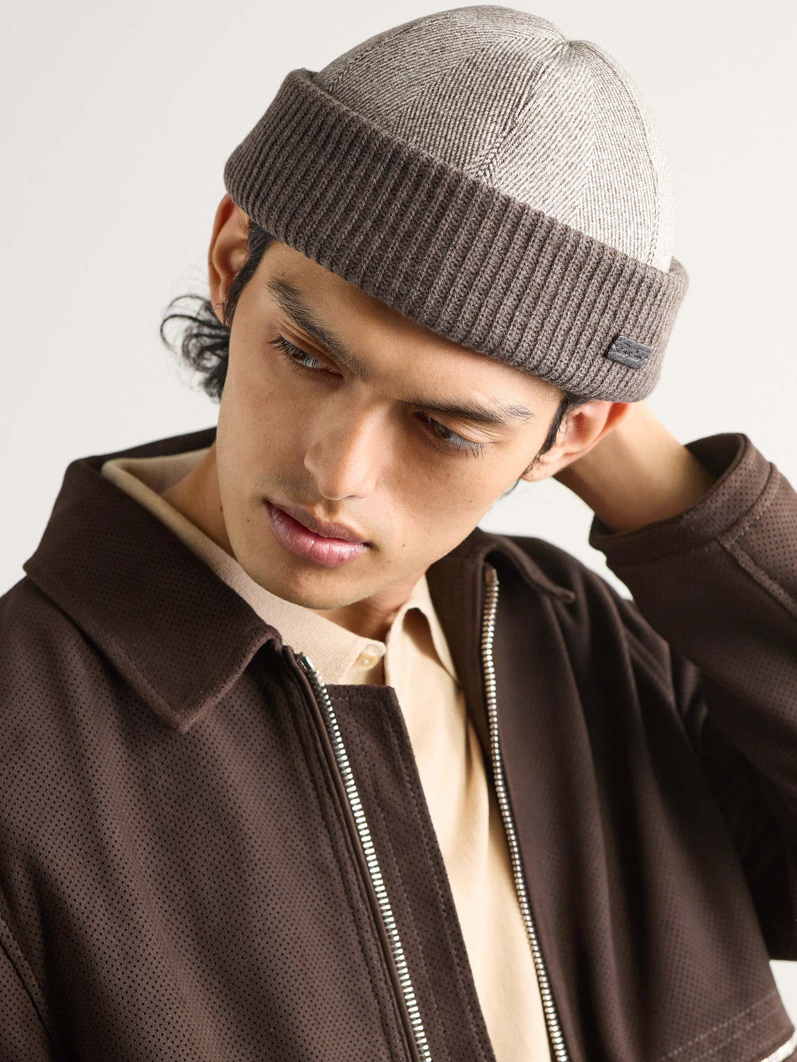 Loro Piana Logo-appliquéd Herringbone Cotton-blend And Ribbed-knit Beanie In Brown
