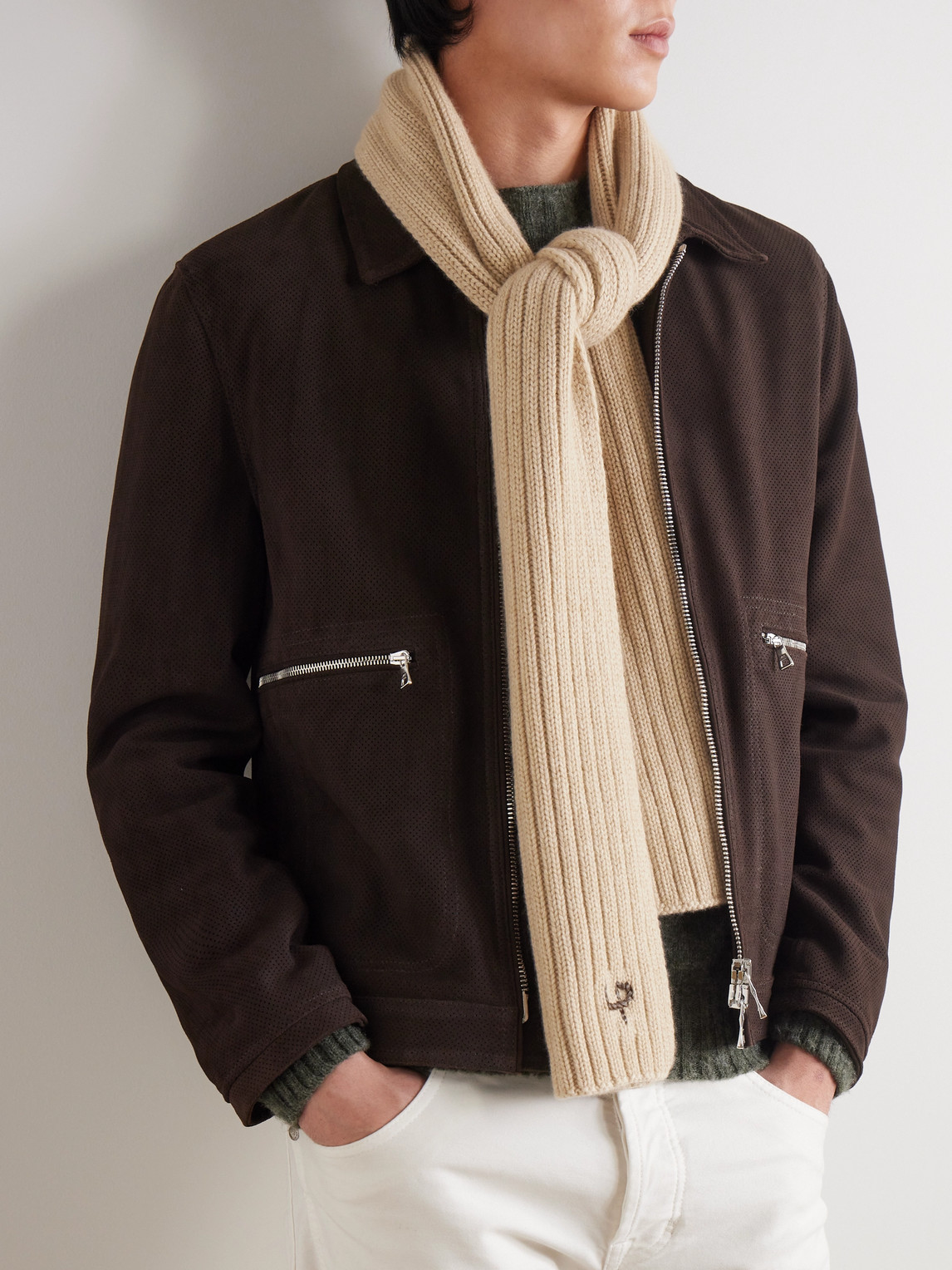 Loro Piana Leather-trimmed Ribbed Cashmere Scarf In Neutrals