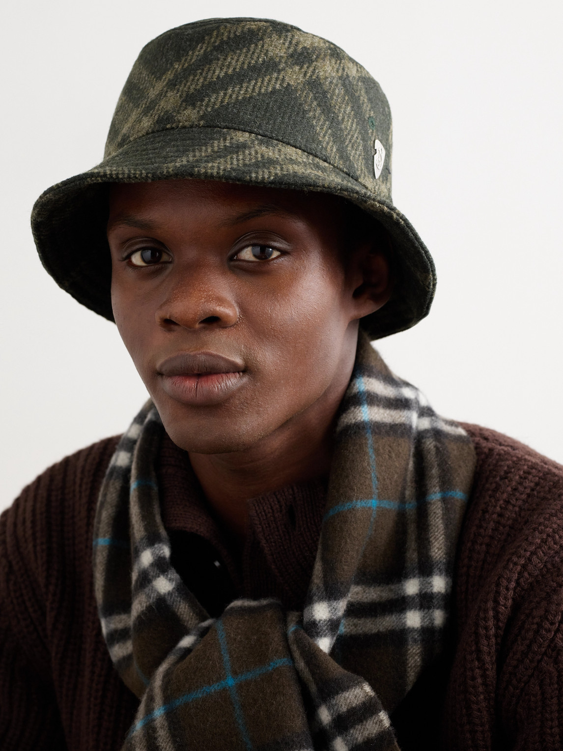 Burberry Logo-appliquéd Checked Brushed-wool Bucket Hat In Green