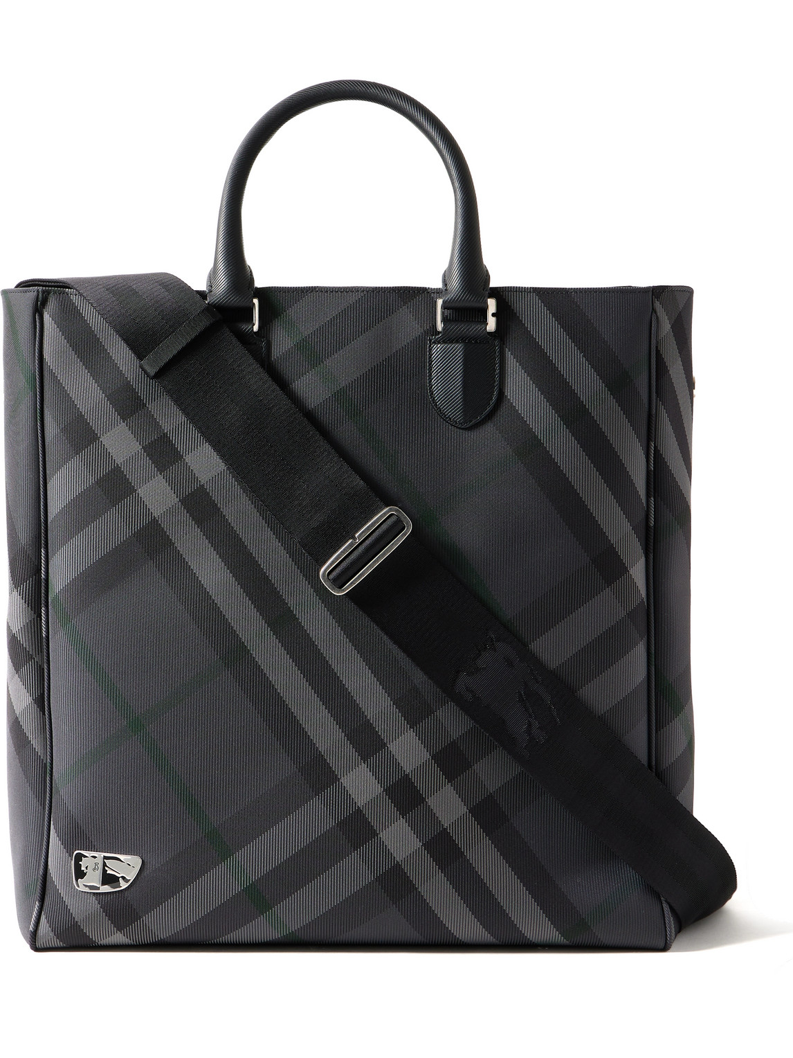 Burberry Leather-trimmed Checked Jacquard Tote Bag In Black