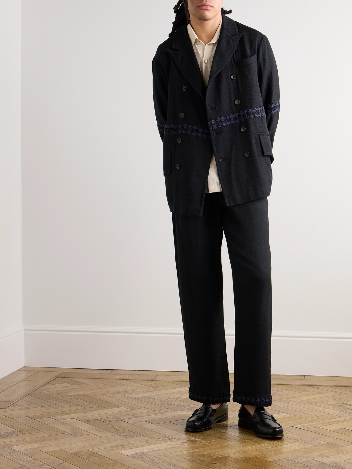 Shop Kartik Research Double-breasted Embroidered Wool-flannel Suit Jacket In Black