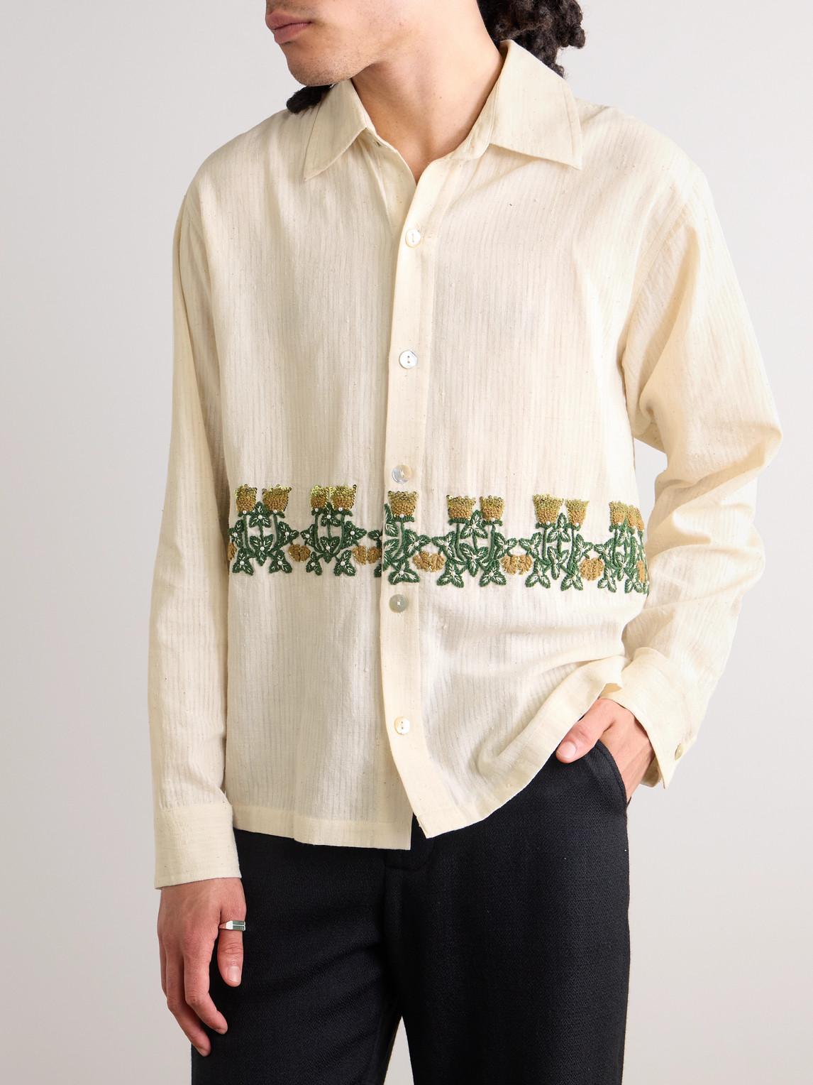 KARTIK RESEARCH CAMP-COLLAR EMBELLISHED EMBROIDERED COTTON-GAUZE SHIRT