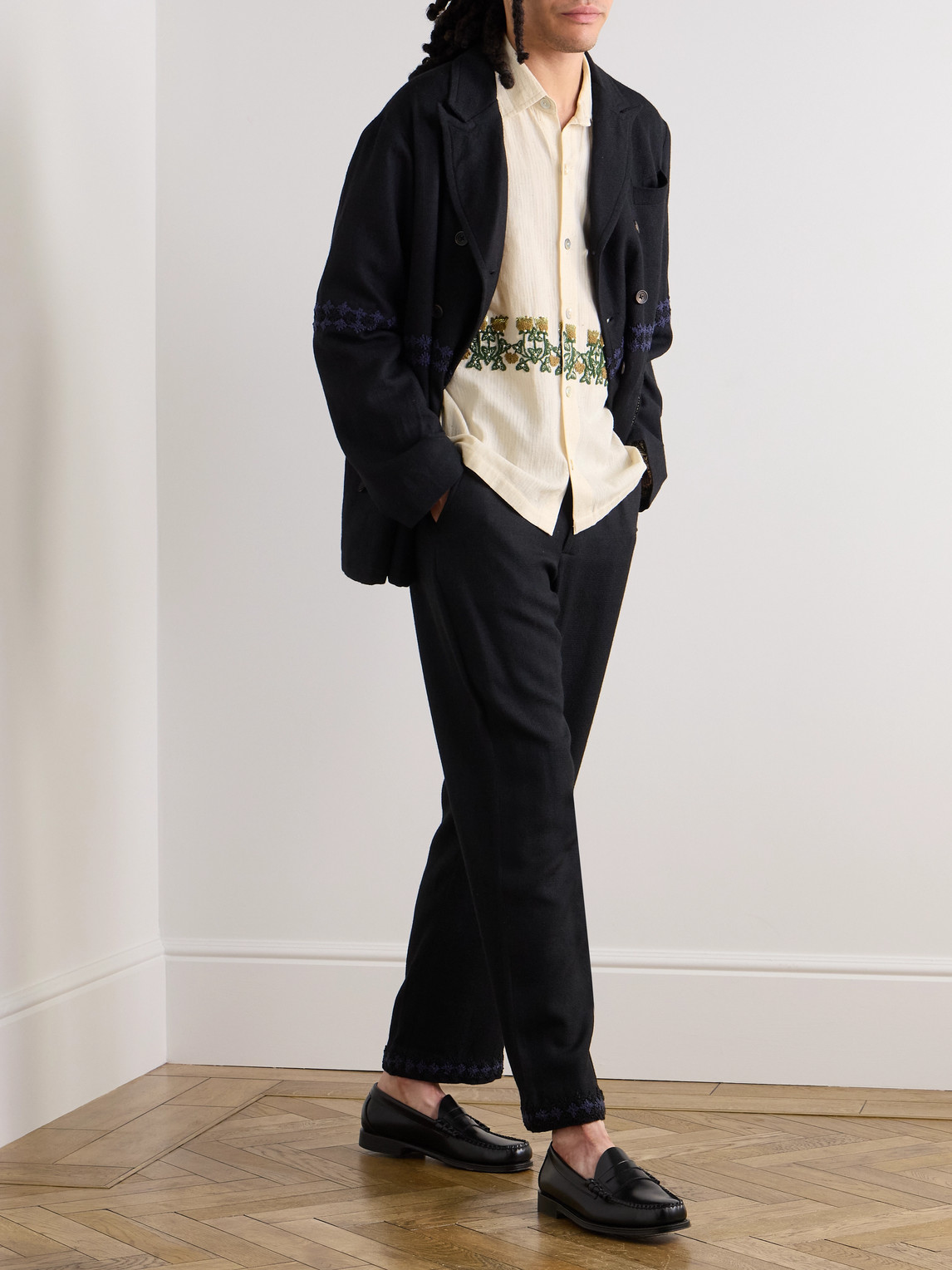 KARTIK RESEARCH CAMP-COLLAR EMBELLISHED EMBROIDERED COTTON-GAUZE SHIRT