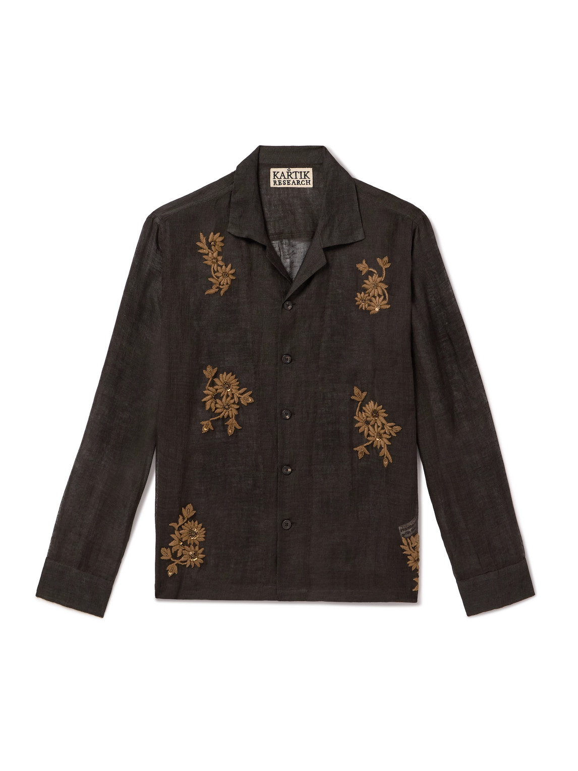 Kartik Research Camp-collar Embellished Embroidered Cotton-voile Shirt In Brown