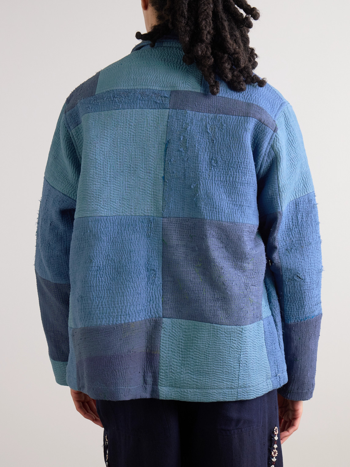 Shop Kartik Research Embroidered Patchwork Cotton Jacket In Blue