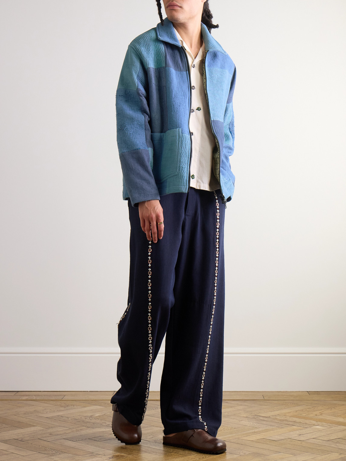 Shop Kartik Research Embroidered Patchwork Cotton Jacket In Blue