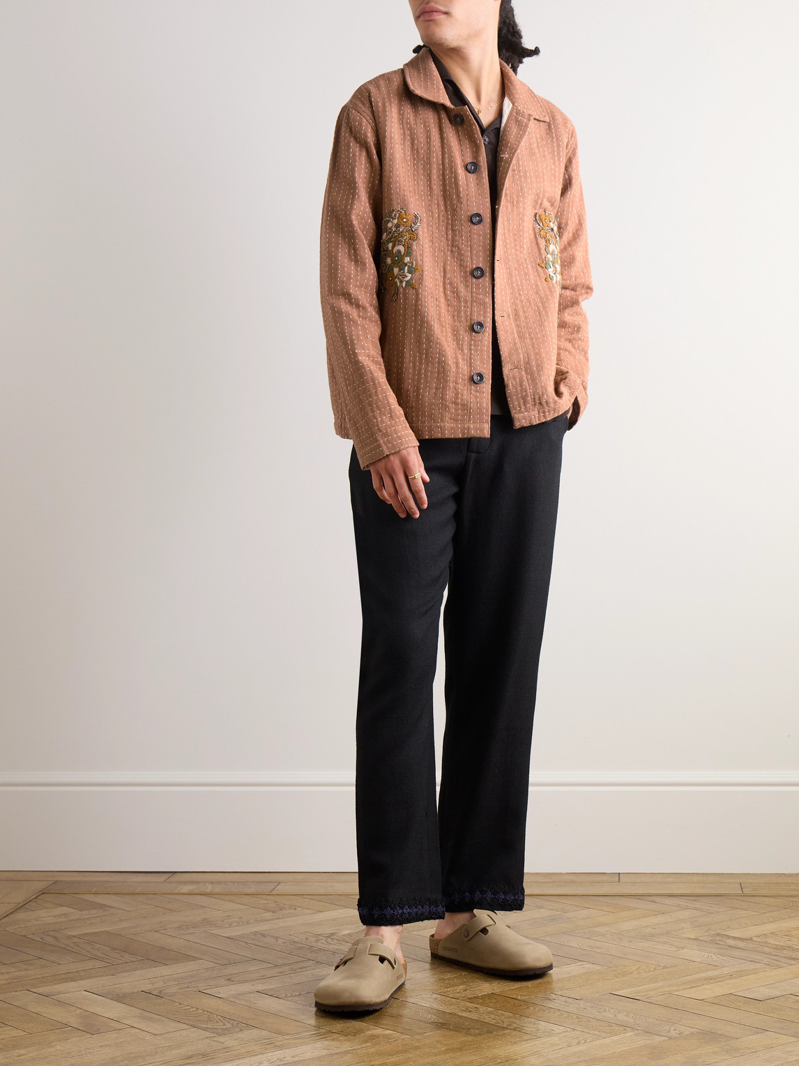 Shop Kartik Research Kantha Embellished Embroidered Cotton Overshirt In Brown