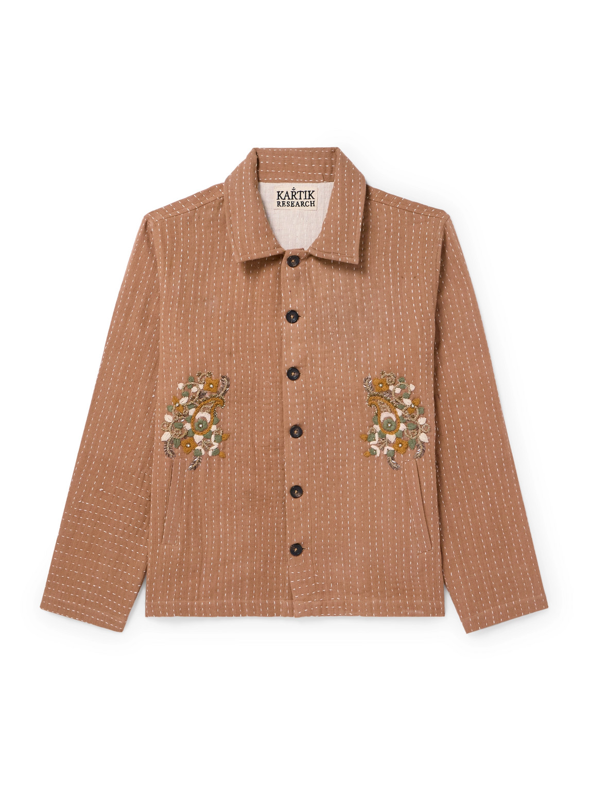 Kartik Research Kantha Embellished Embroidered Cotton Overshirt In Brown