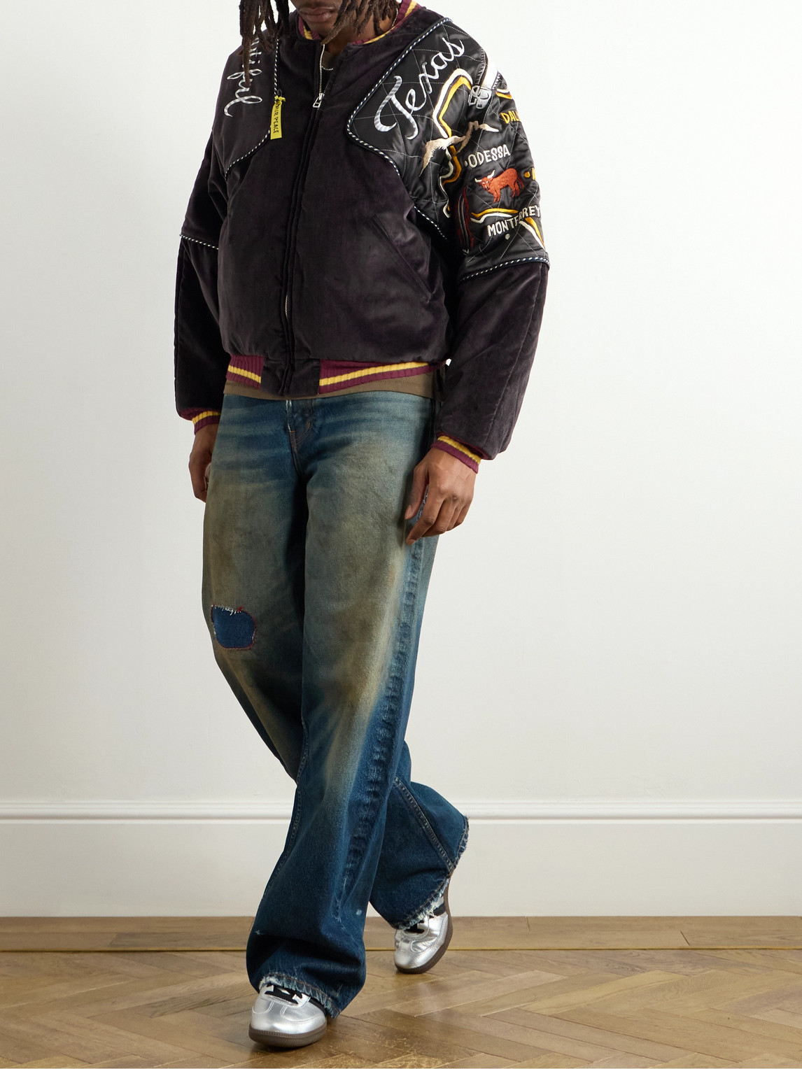 Shop Kapital Embroidered Quilted Shell-trimmed Cotton-velvet Bomber Jacket In Black