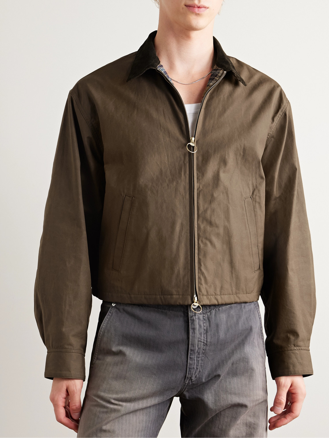 Kapital Drizzler Cropped Corduroy-trimmed Oiled-cotton Jacket In Brown