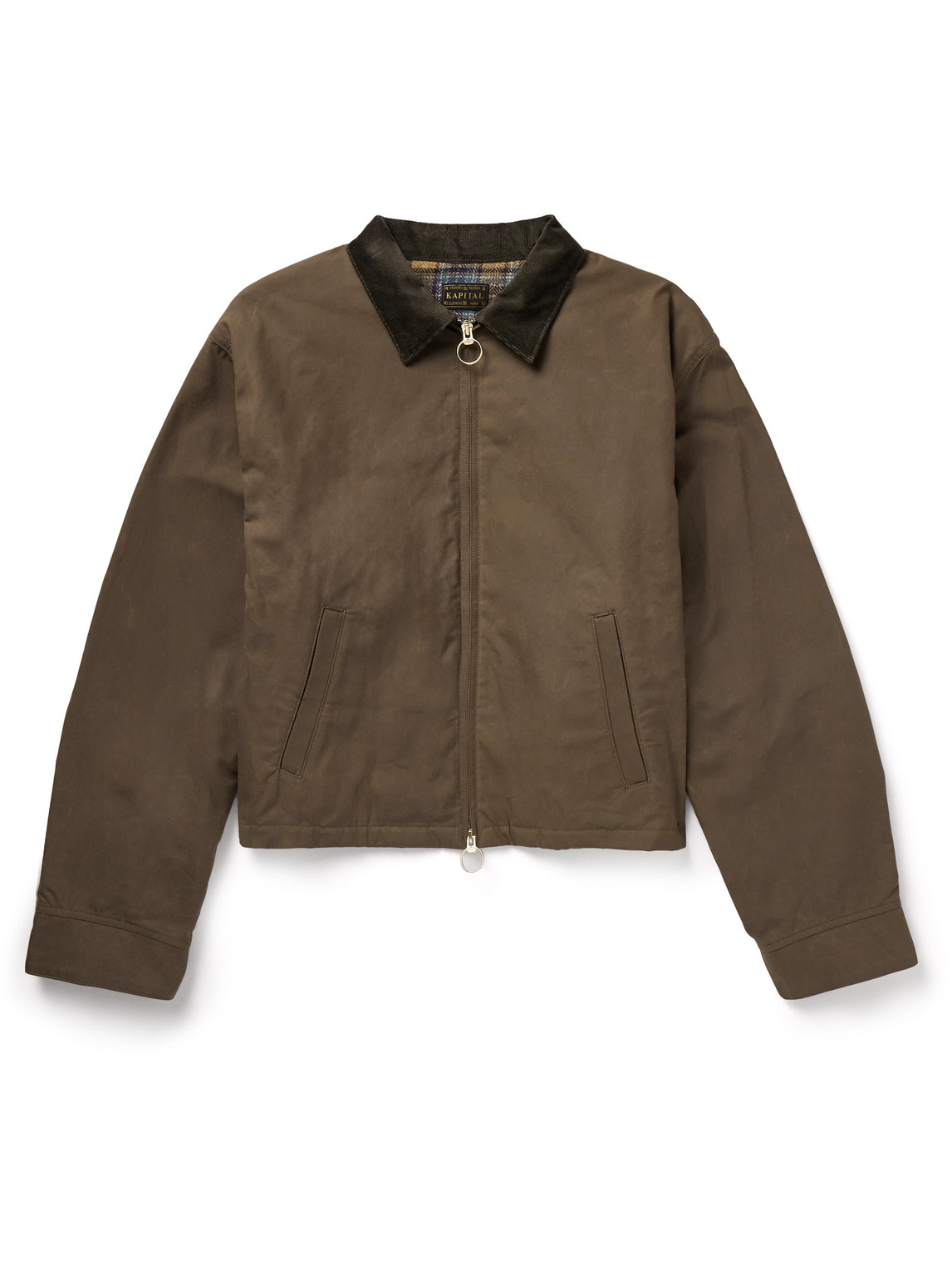 Kapital Drizzler Cropped Corduroy-trimmed Oiled-cotton Jacket In Brown