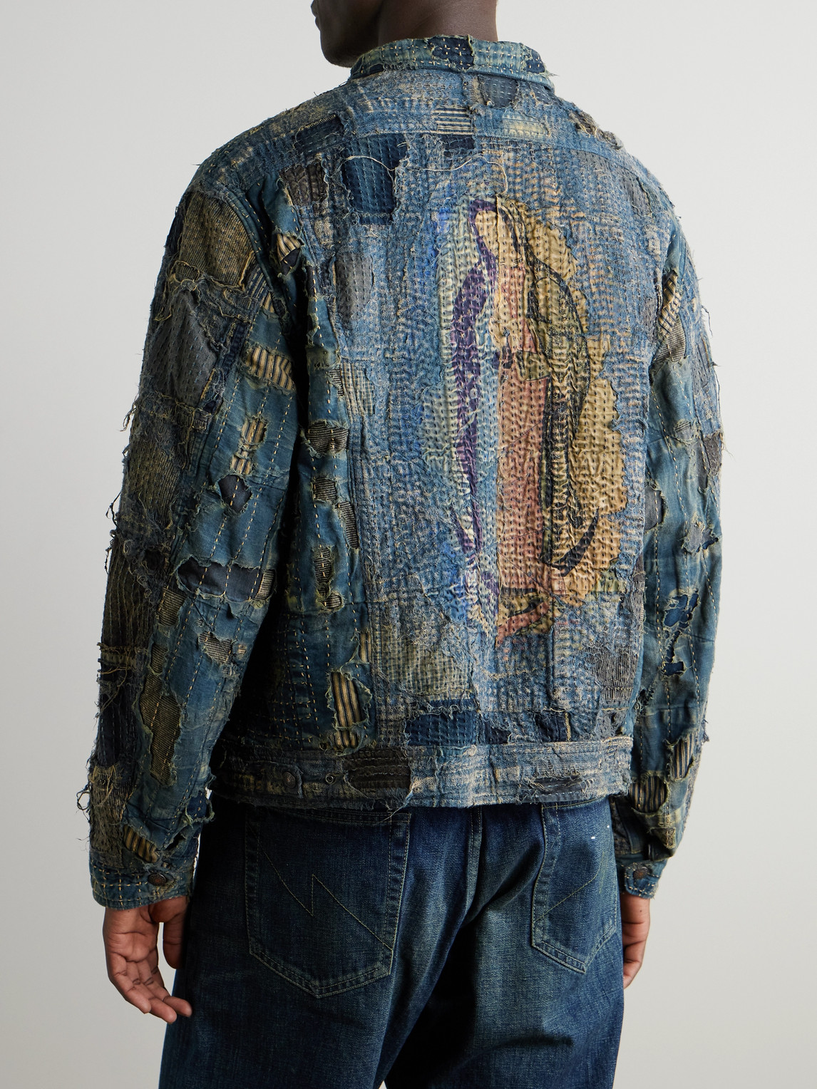 Shop Kapital Boro Distressed Patchwork Denim Jacket In Blue