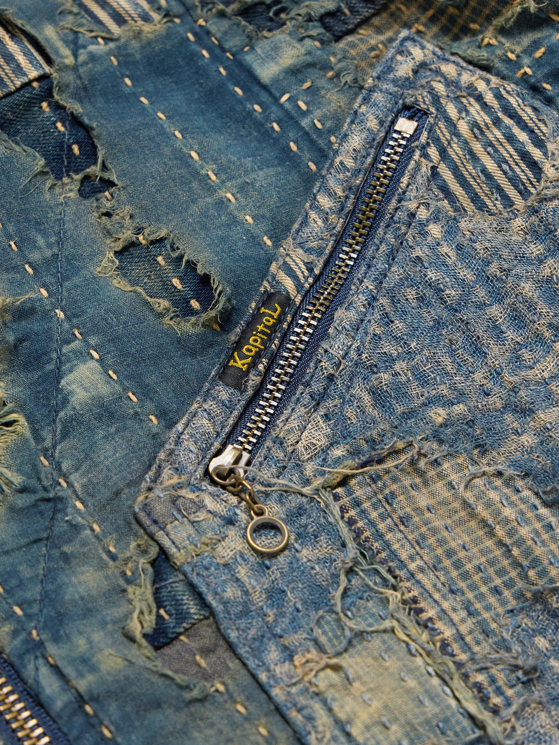 KAPITAL BORO DISTRESSED PATCHWORK DENIM JACKET