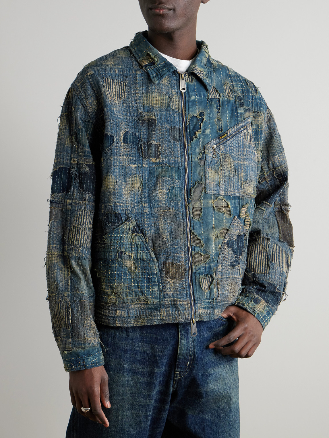 KAPITAL BORO DISTRESSED PATCHWORK DENIM JACKET