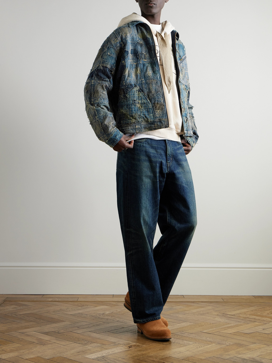 KAPITAL BORO DISTRESSED PATCHWORK DENIM JACKET