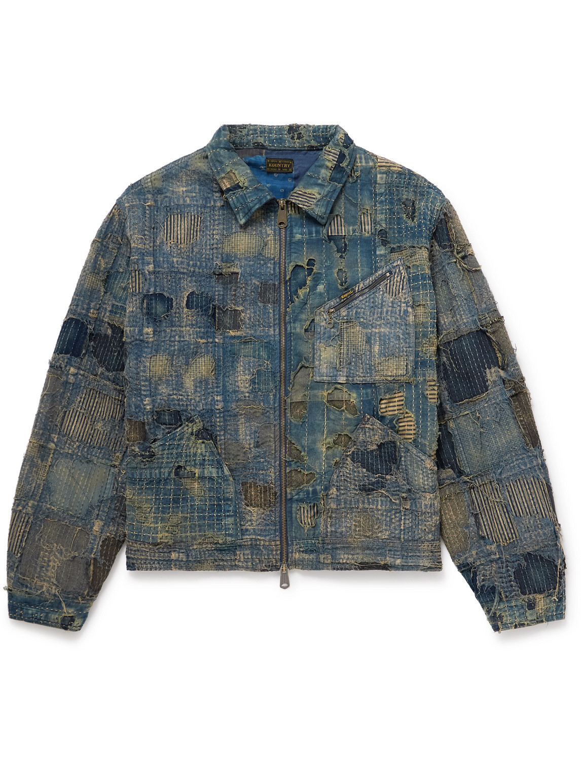 KAPITAL BORO DISTRESSED PATCHWORK DENIM JACKET