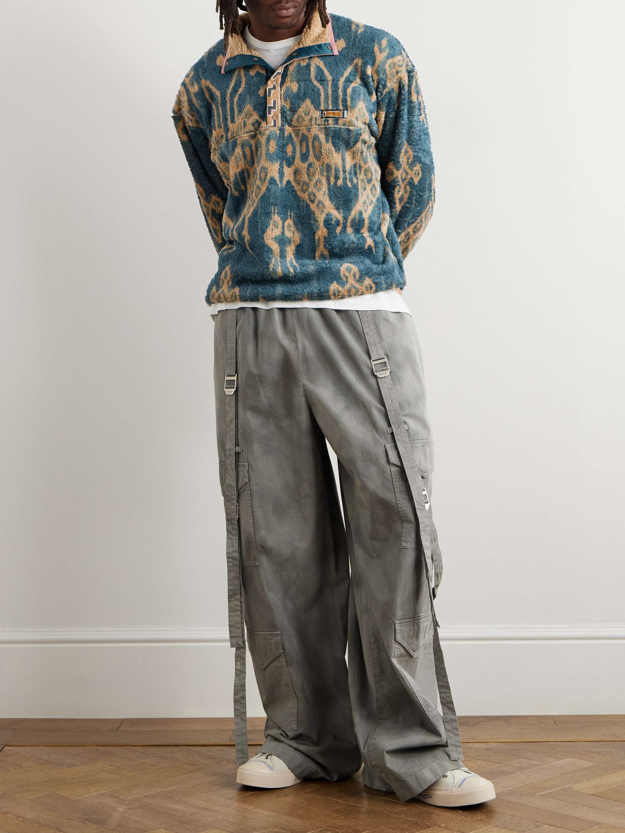 Navy Java Kasuri Jacquard-Trimmed Printed Fleece Sweatshirt Navy Java Kasuri Jacquard-Trimmed Printed Fleece Sweatshirt