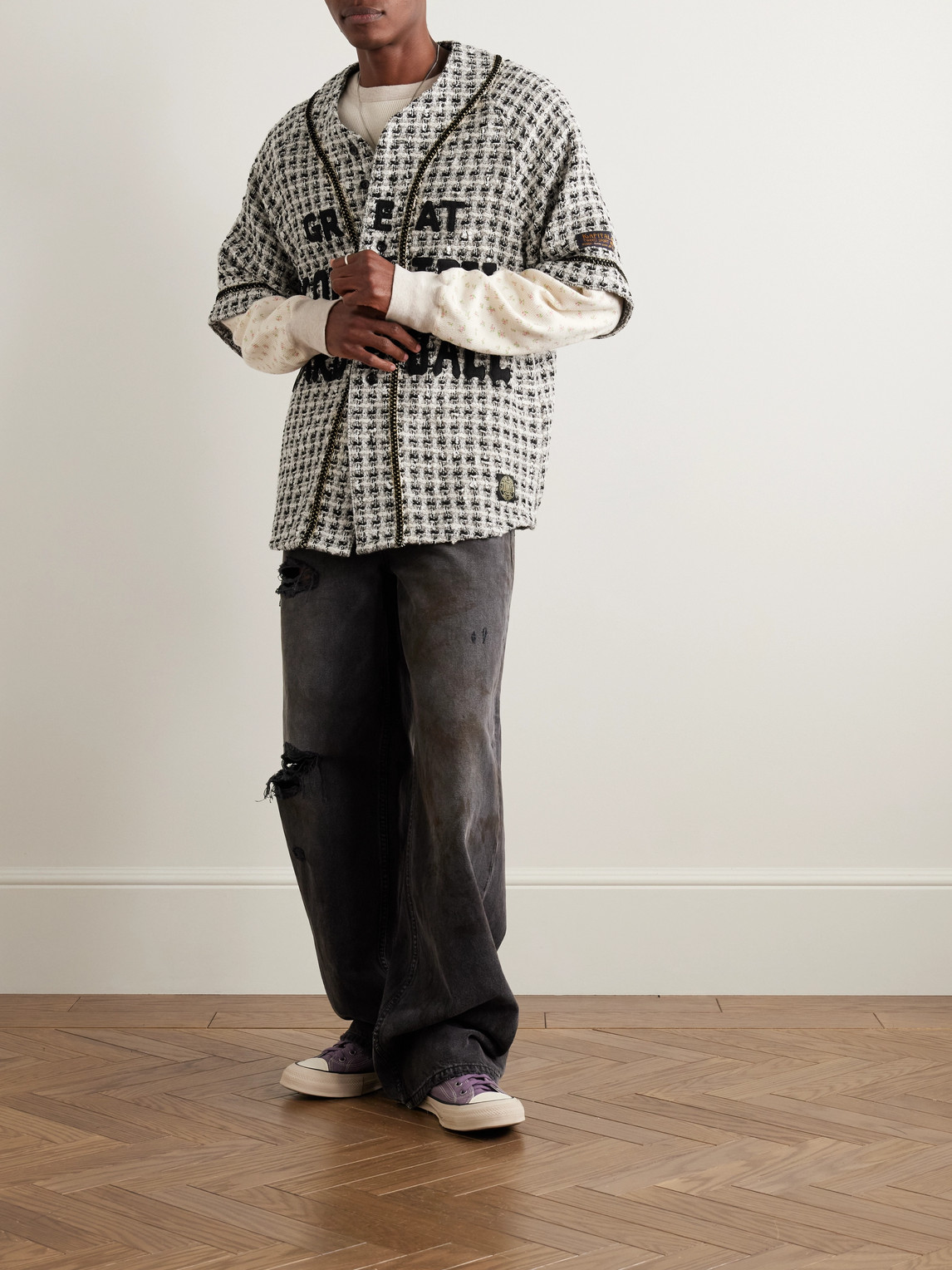 Shop Kapital Great Kountry Appliquéd Embroidered Tweed Shirt In White