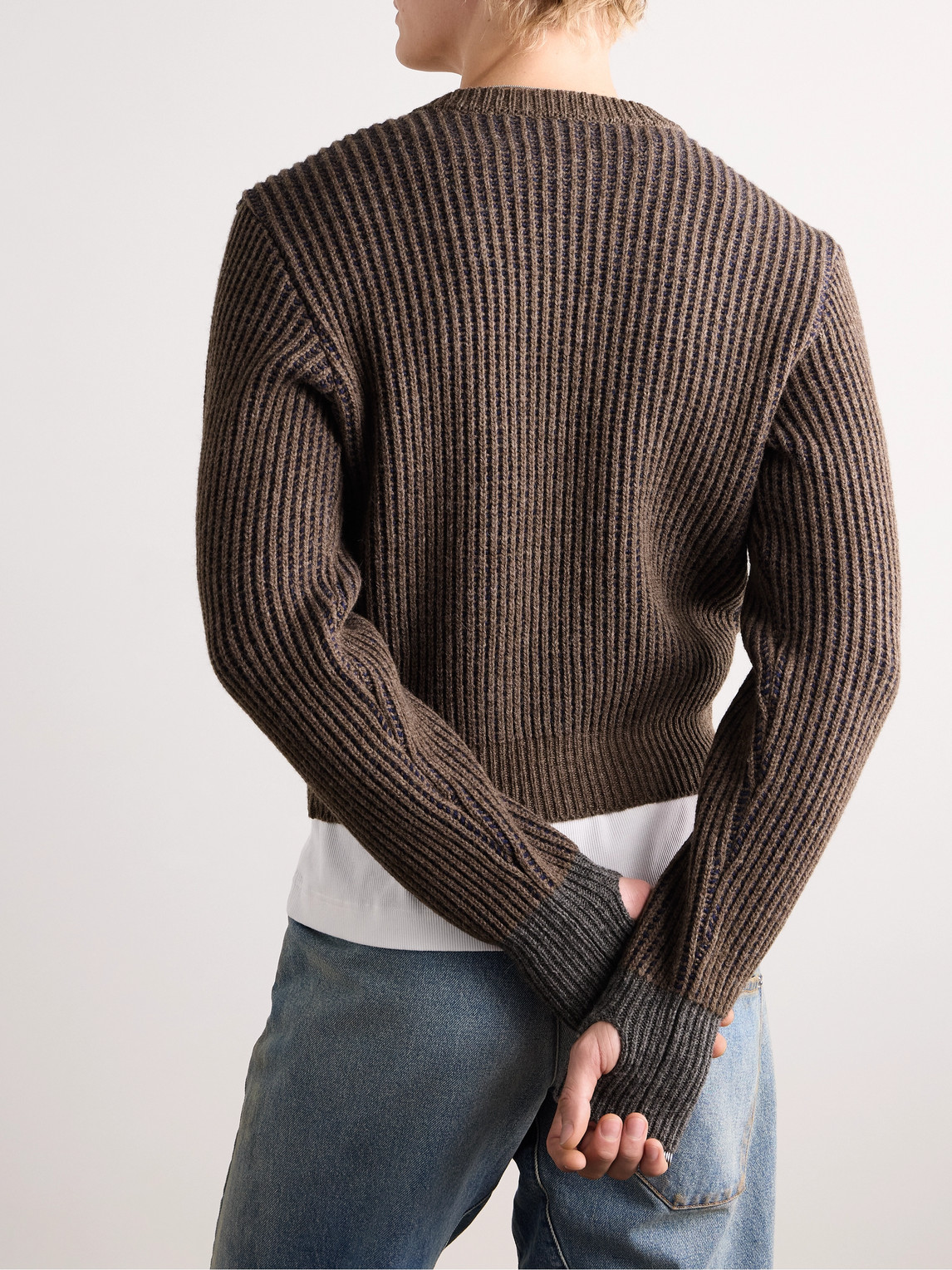Shop Kapital Cropped Ribbed Wool Zip-up Cardigan In Brown